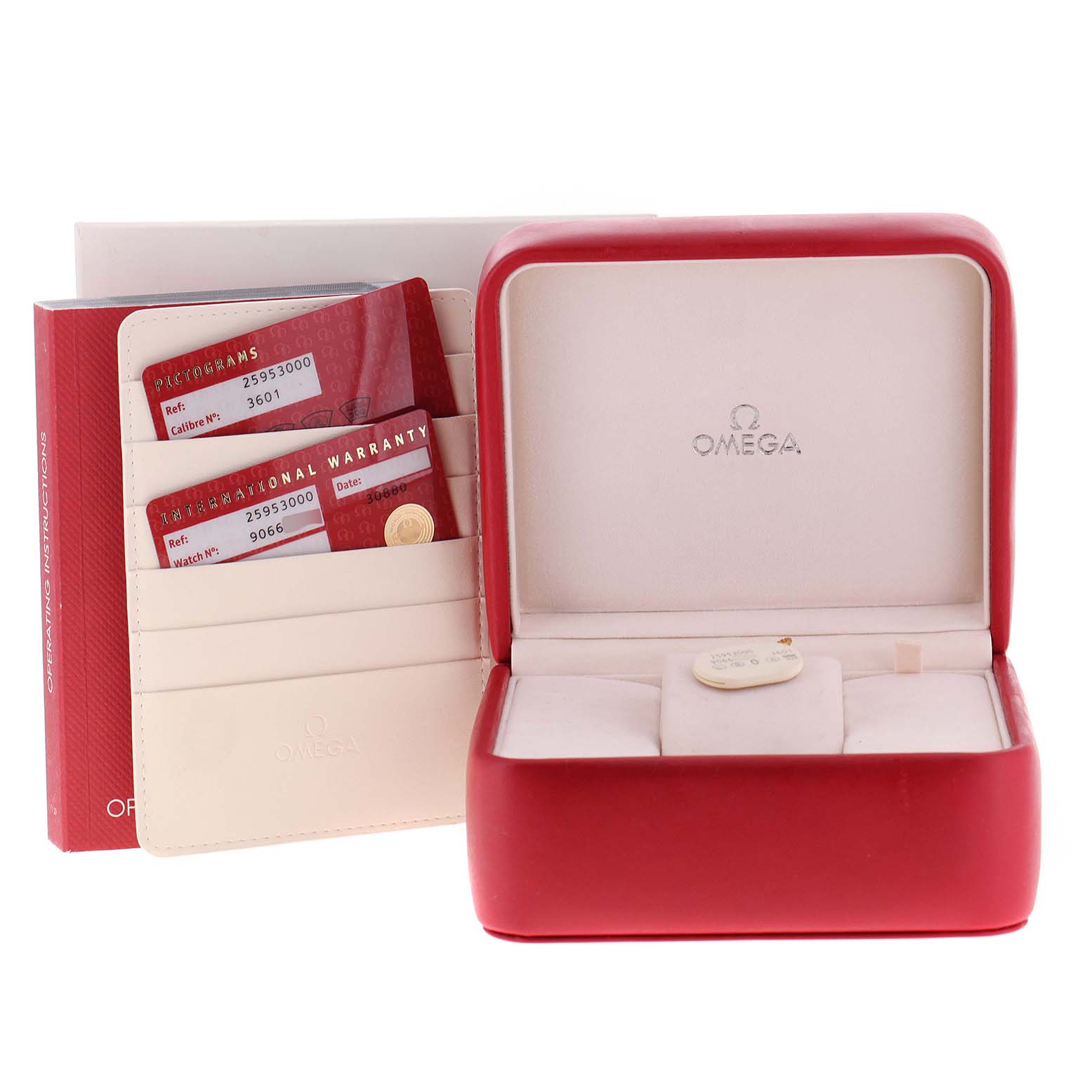 The image shows a red Omega Seamaster 2595.30.00 Men's Stainless Steel Silver Dial 2595.30.00 Men's Stainless Steel Silver Dial watch box, warranty cards, and a leather cardholder from a front-facing angle.