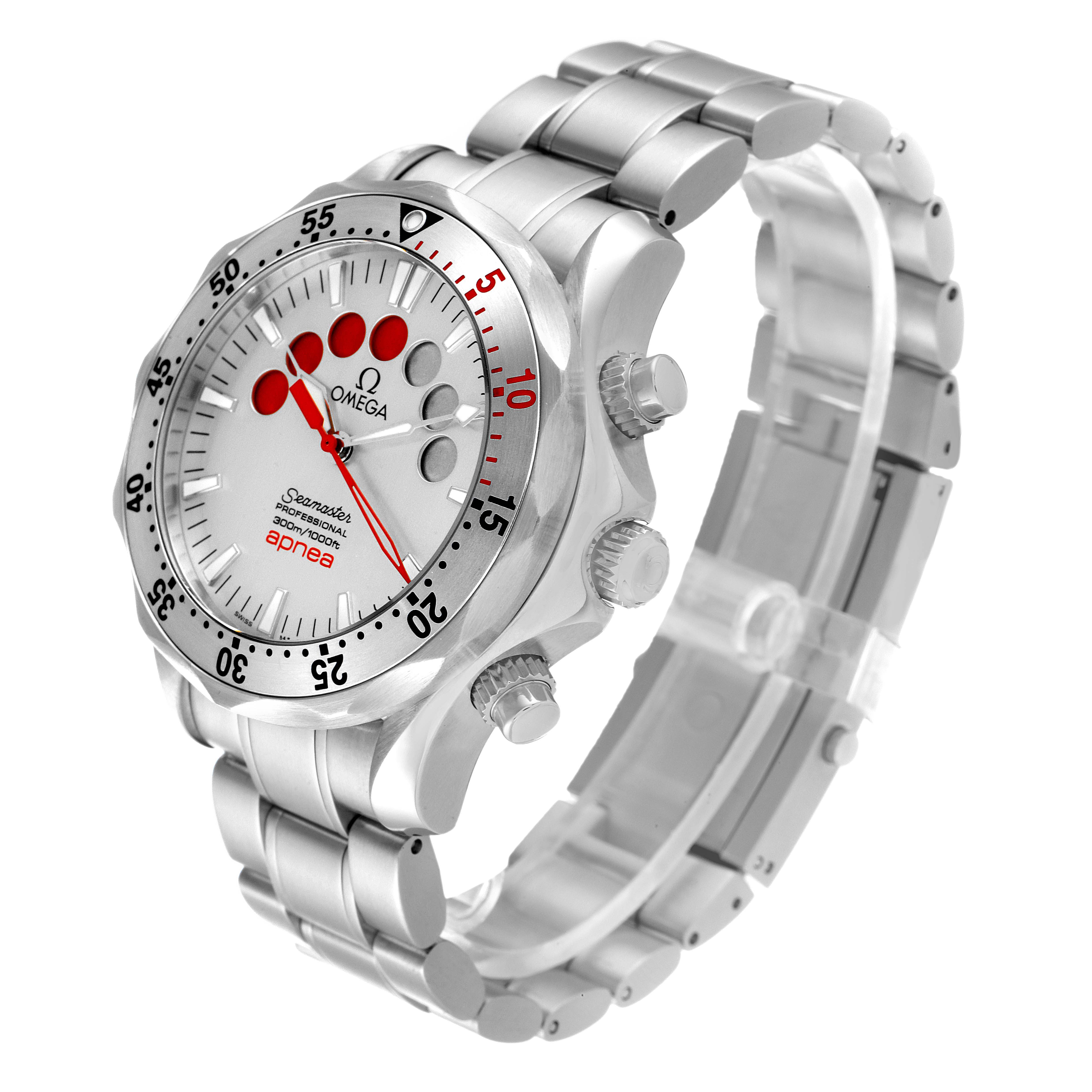 The image shows an Omega Seamaster 2595.30.00 Men's Stainless Steel Silver Dial 2595.30.00 Men's Stainless Steel Silver Dial watch at a slight right-side angle, displaying its face, bezel, crown, and metal bracelet.