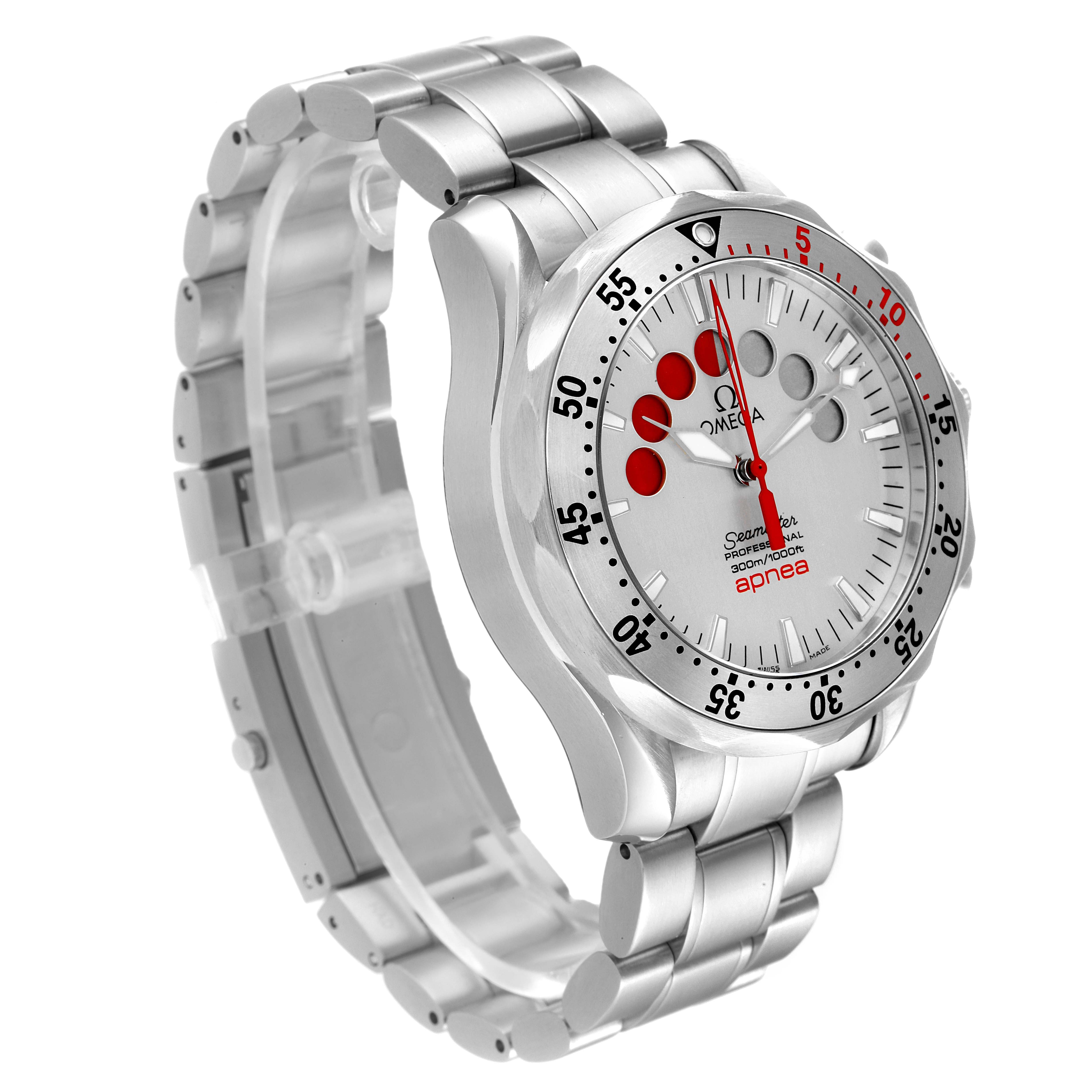 The Omega Seamaster 2595.30.00 Men's Stainless Steel Silver Dial 2595.30.00 Men's Stainless Steel Silver Dial model watch is shown at a three-quarter angle, displaying its bracelet, dial, and bezel distinctively.