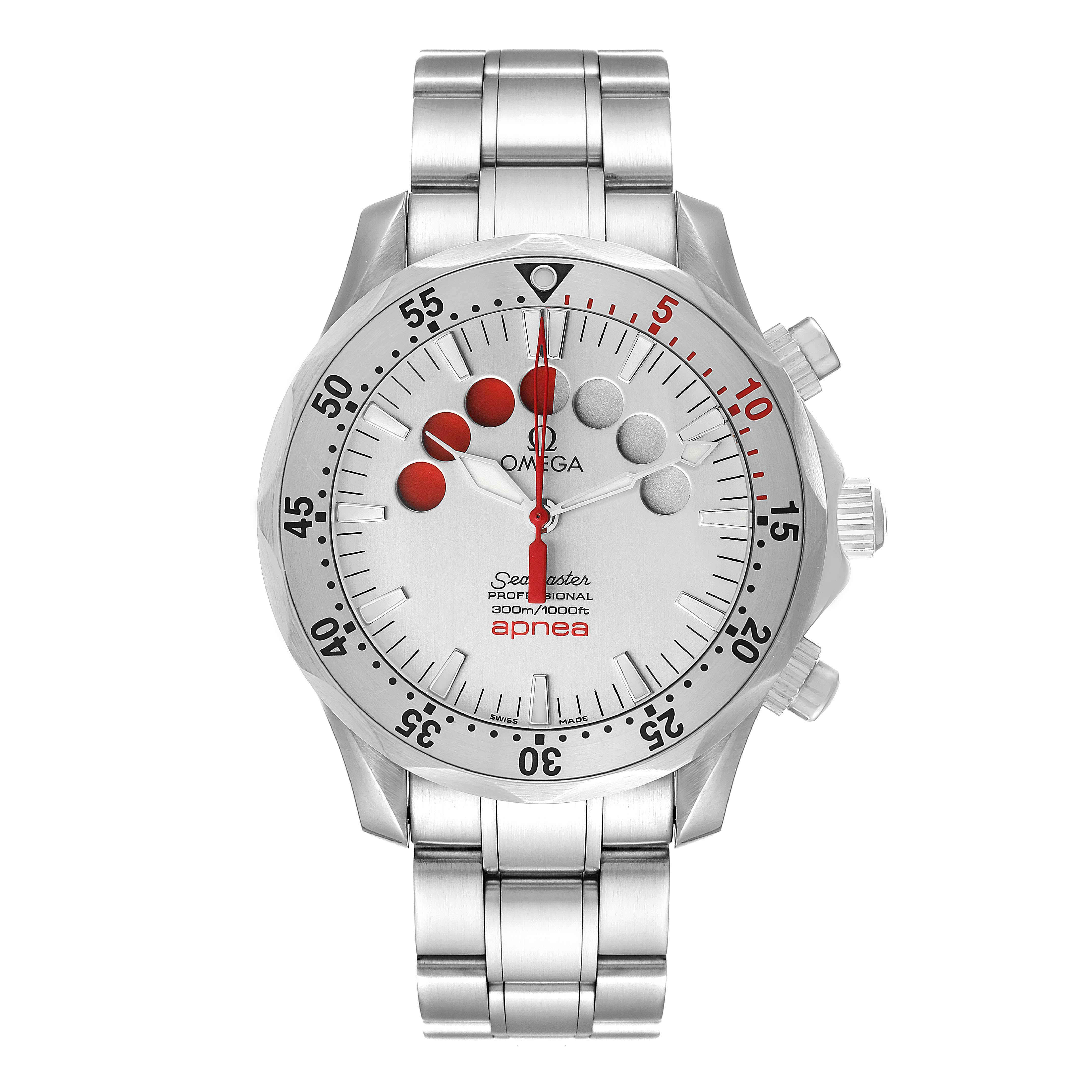 The image shows a front view of an Omega Seamaster 2595.30.00 Men's Stainless Steel Silver Dial 2595.30.00 Men's Stainless Steel Silver Dial watch, displaying its dial, bezel, and bracelet.