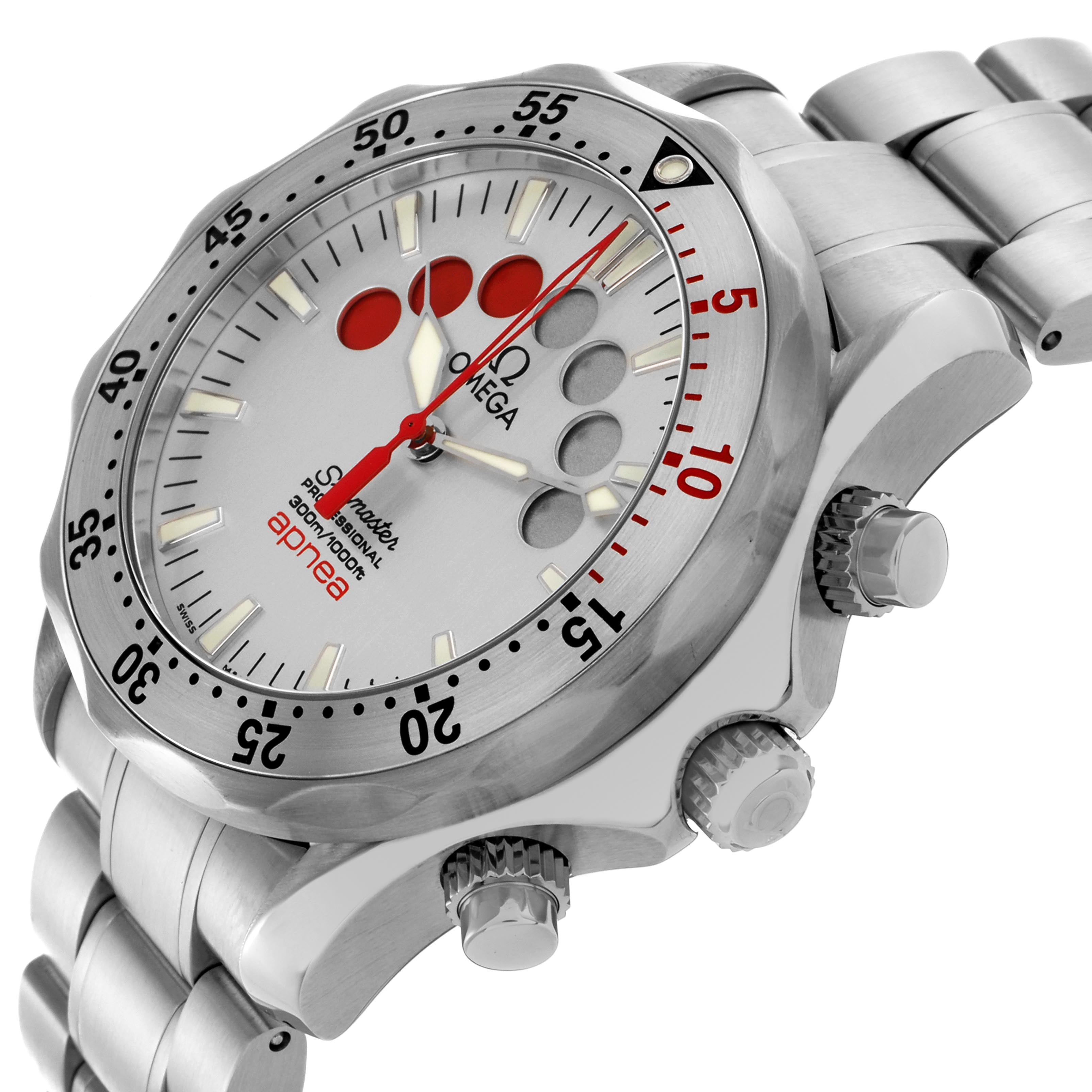 The Omega Seamaster 2595.30.00 Men's Stainless Steel Silver Dial 2595.30.00 Men's Stainless Steel Silver Dial watch is shown at a three-quarter angle, highlighting the bezel, face, bracelet, and pushers.