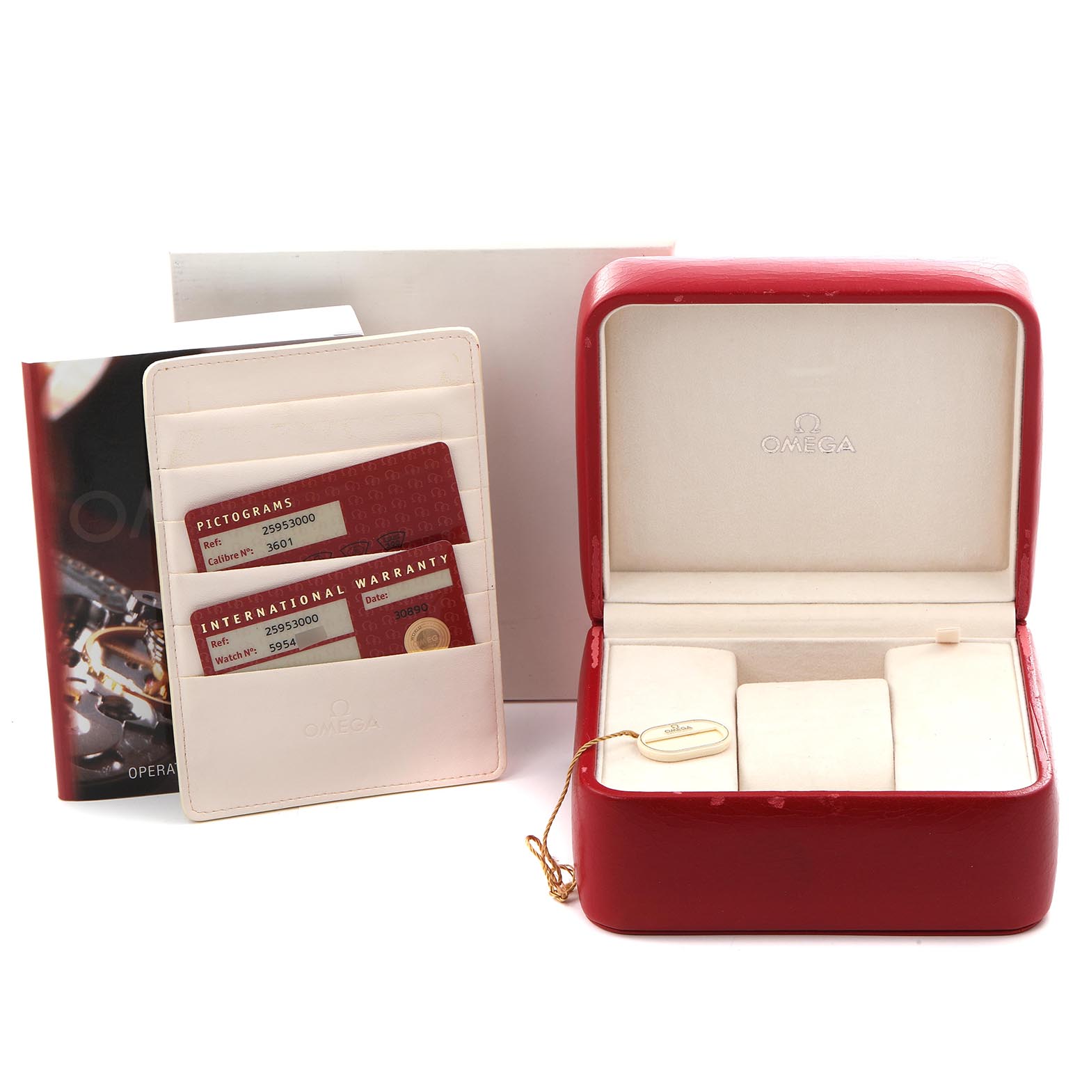The image shows the packaging and warranty cards for an Omega Seamaster 2595.30.00 Men's Stainless Steel Silver Dial 2595.30.00 Men's Stainless Steel Silver Dial, including a red Omega box and documentation.