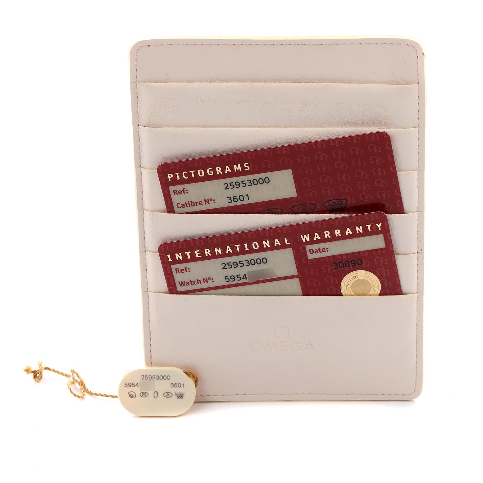 This image shows an Omega Seamaster 2595.30.00 Men's Stainless Steel Silver Dial 2595.30.00 Men's Stainless Steel Silver Dial warranty card holder with pictogram and warranty cards partially visible.