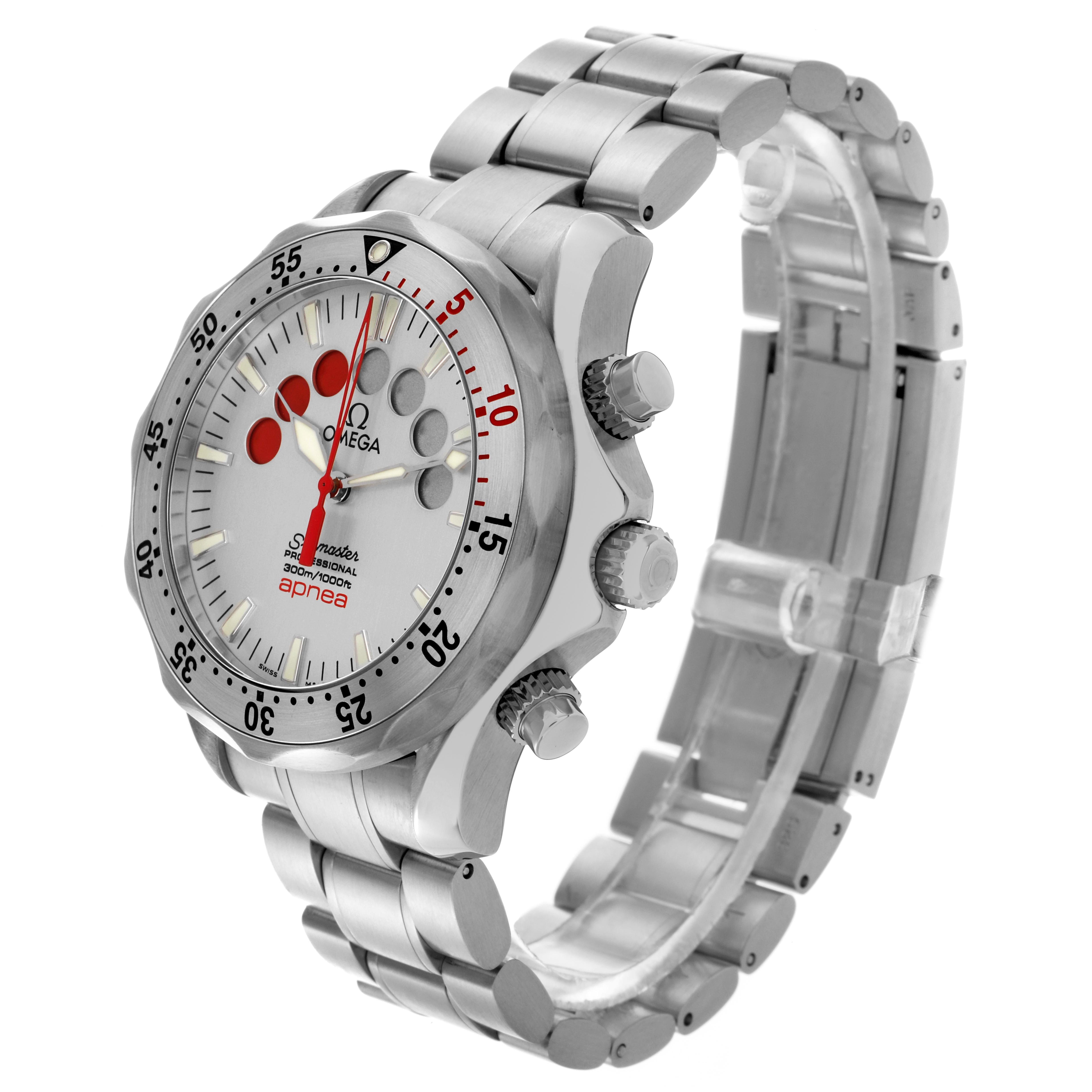 The Omega Seamaster 2595.30.00 Men's Stainless Steel Silver Dial 2595.30.00 Men's Stainless Steel Silver Dial watch is shown at a three-quarter angle, highlighting the face, bezel, pushers, and metal bracelet.