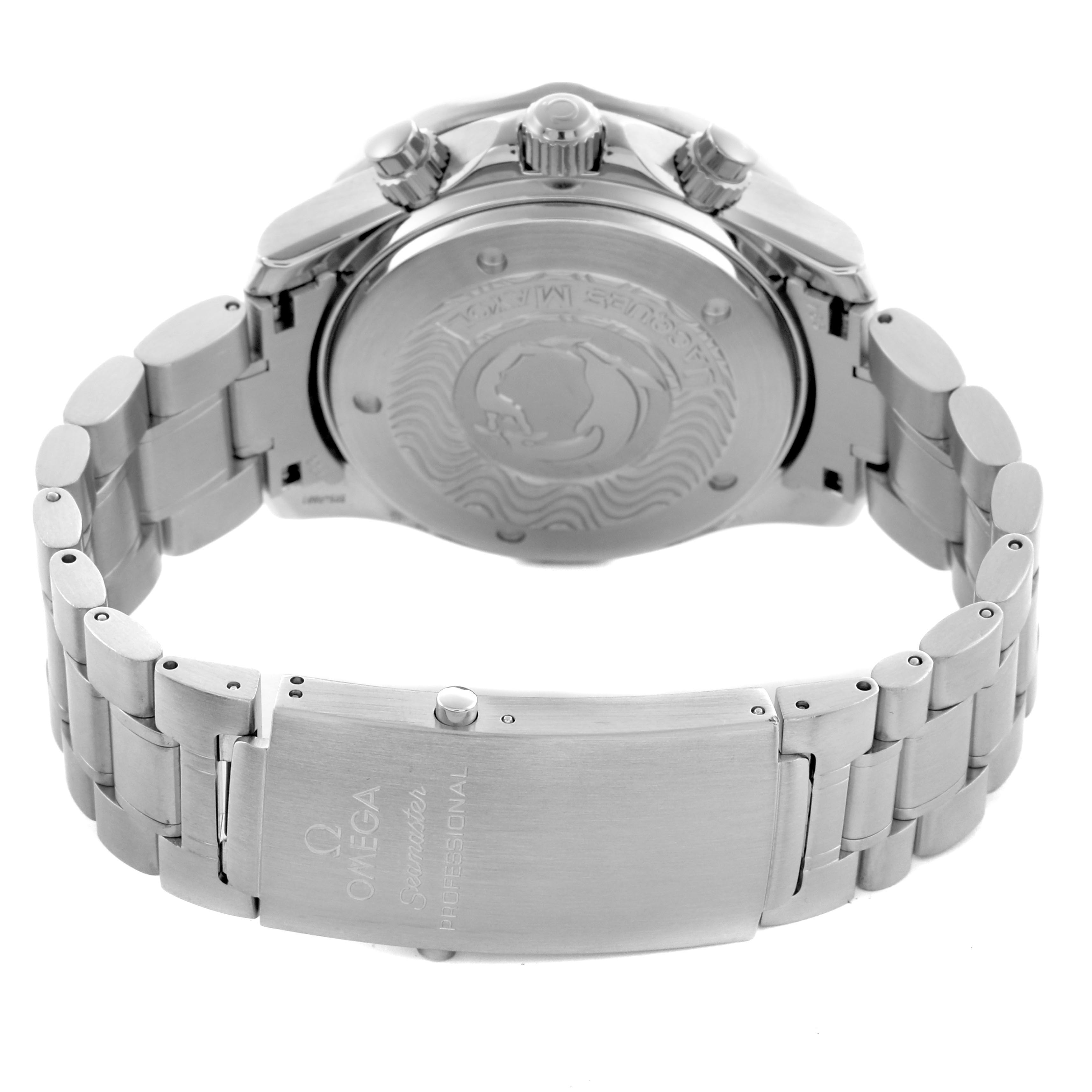 The image shows the back view of an Omega Seamaster 2595.30.00 Men's Stainless Steel Silver Dial 2595.30.00 Men's Stainless Steel Silver Dial, highlighting the case back, clasp, and bracelet.