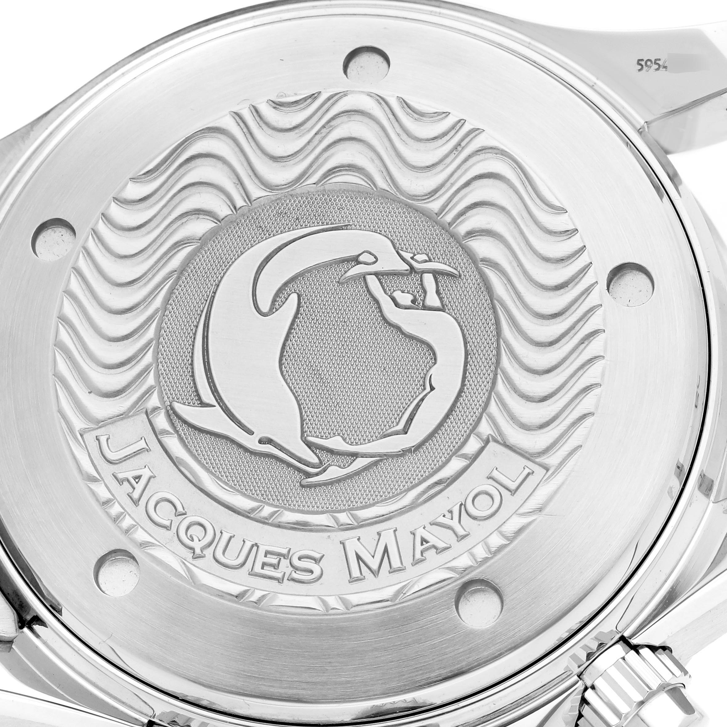 The image shows the engraved case back of an Omega Seamaster 2595.30.00 Men's Stainless Steel Silver Dial 2595.30.00 Men's Stainless Steel Silver Dial watch featuring a wave pattern and the name "Jacques Mayol."