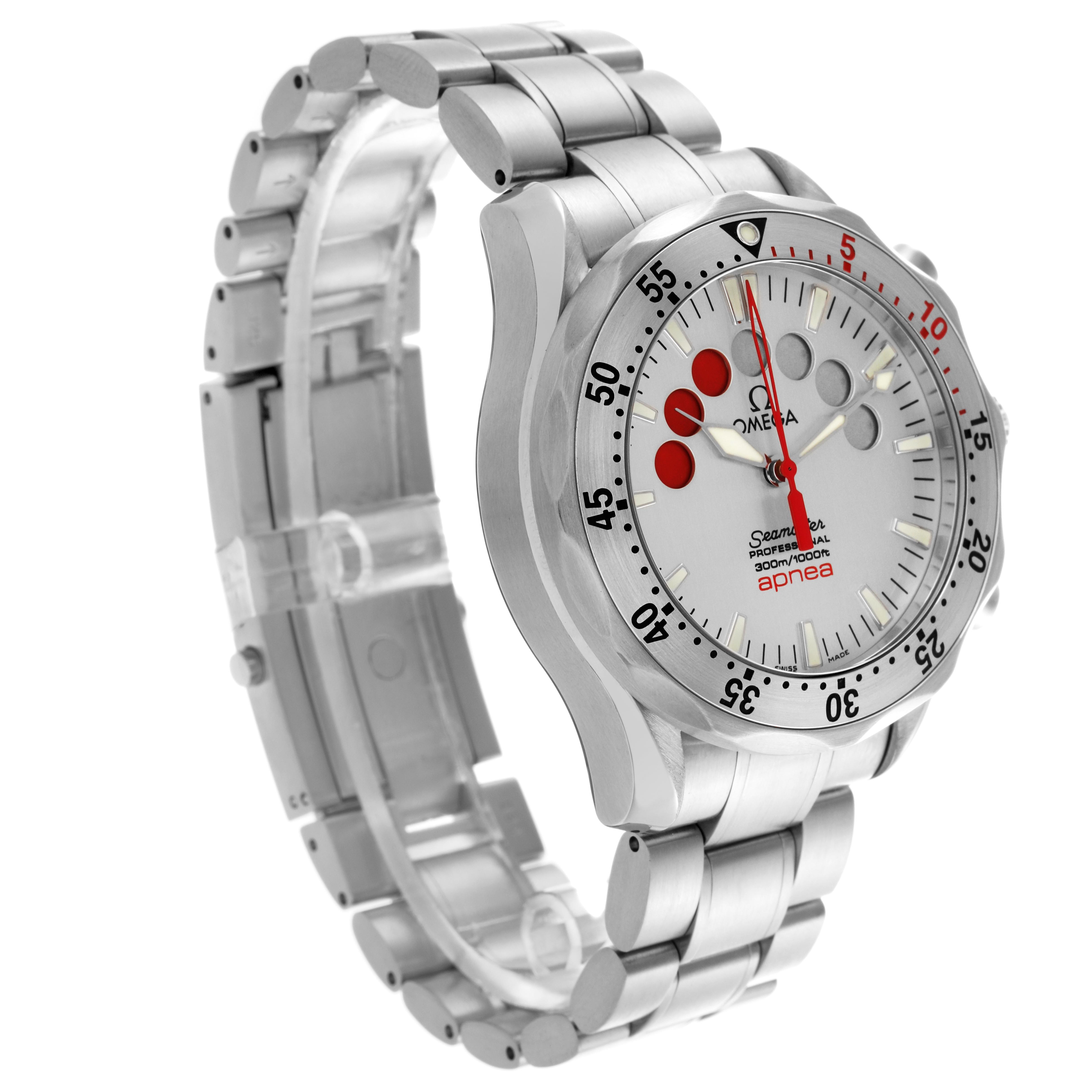 The Omega Seamaster 2595.30.00 Men's Stainless Steel Silver Dial 2595.30.00 Men's Stainless Steel Silver Dial watch is shown from a three-quarter angle, highlighting the face, bezel, and bracelet.