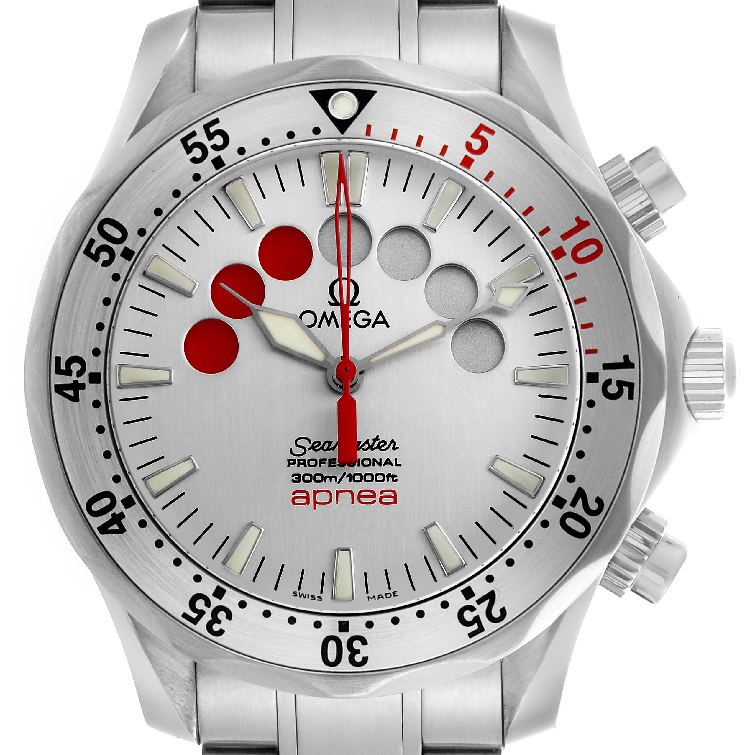 The Omega Seamaster 2595.30.00 Men's Stainless Steel Silver Dial 2595.30.00 Men's Stainless Steel Silver Dial watch is shown from a front angle, highlighting its dial, bezel, and pushers.