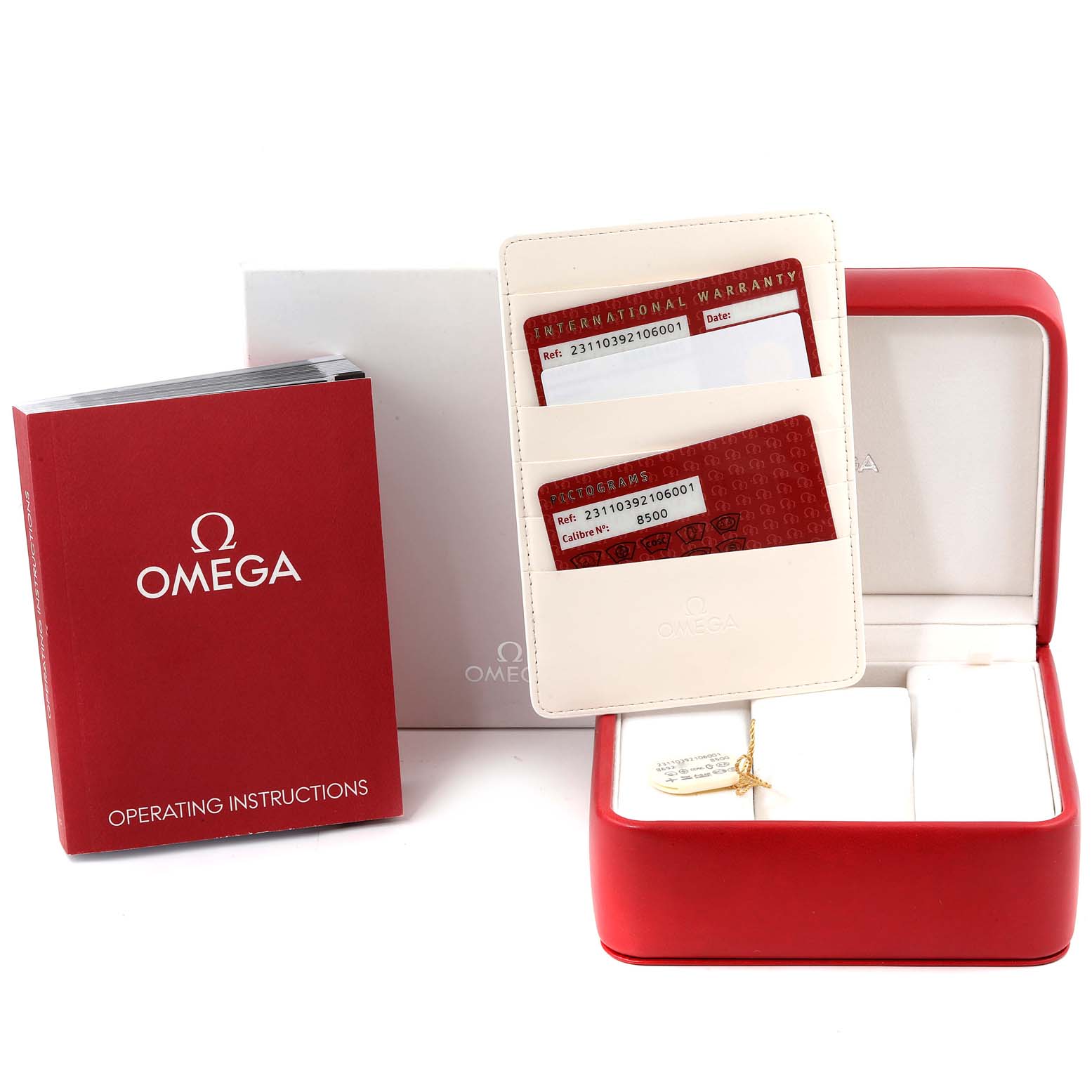 The image shows the Omega Aqua Terra 231.10.39.21.06.001 Men's Stainless Steel Grey Dial 231.10.39.21.06.001 Men's Stainless Steel Grey Dial watch accessories including the operating instructions, warranty cards, and the watch box.