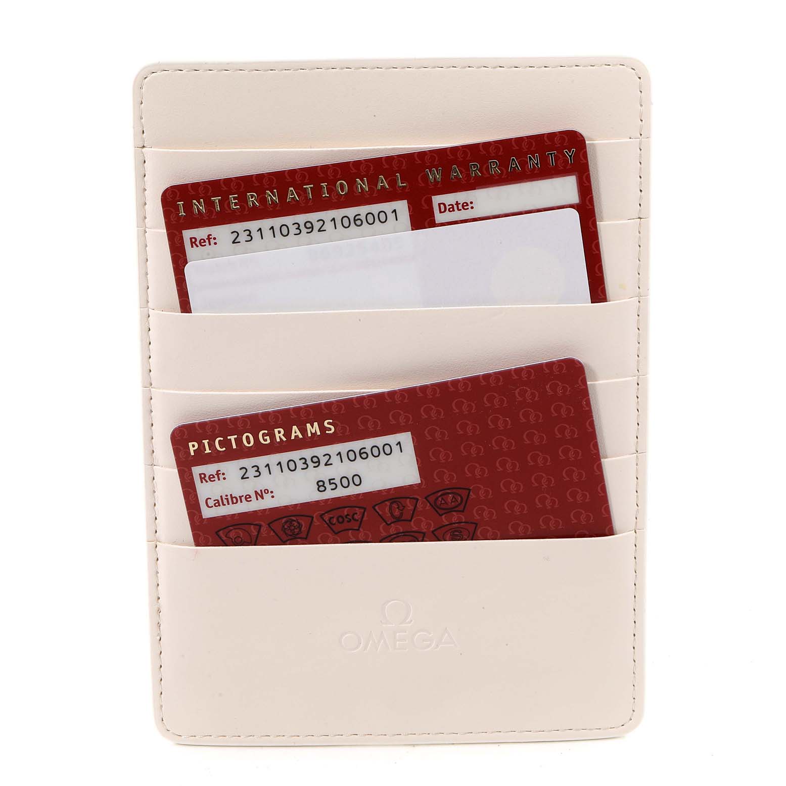 The image shows the International Warranty and Pictogram cards for an Omega Aqua Terra 231.10.39.21.06.001 Men's Stainless Steel Grey Dial 231.10.39.21.06.001 Men's Stainless Steel Grey Dial watch in a white cardholder.