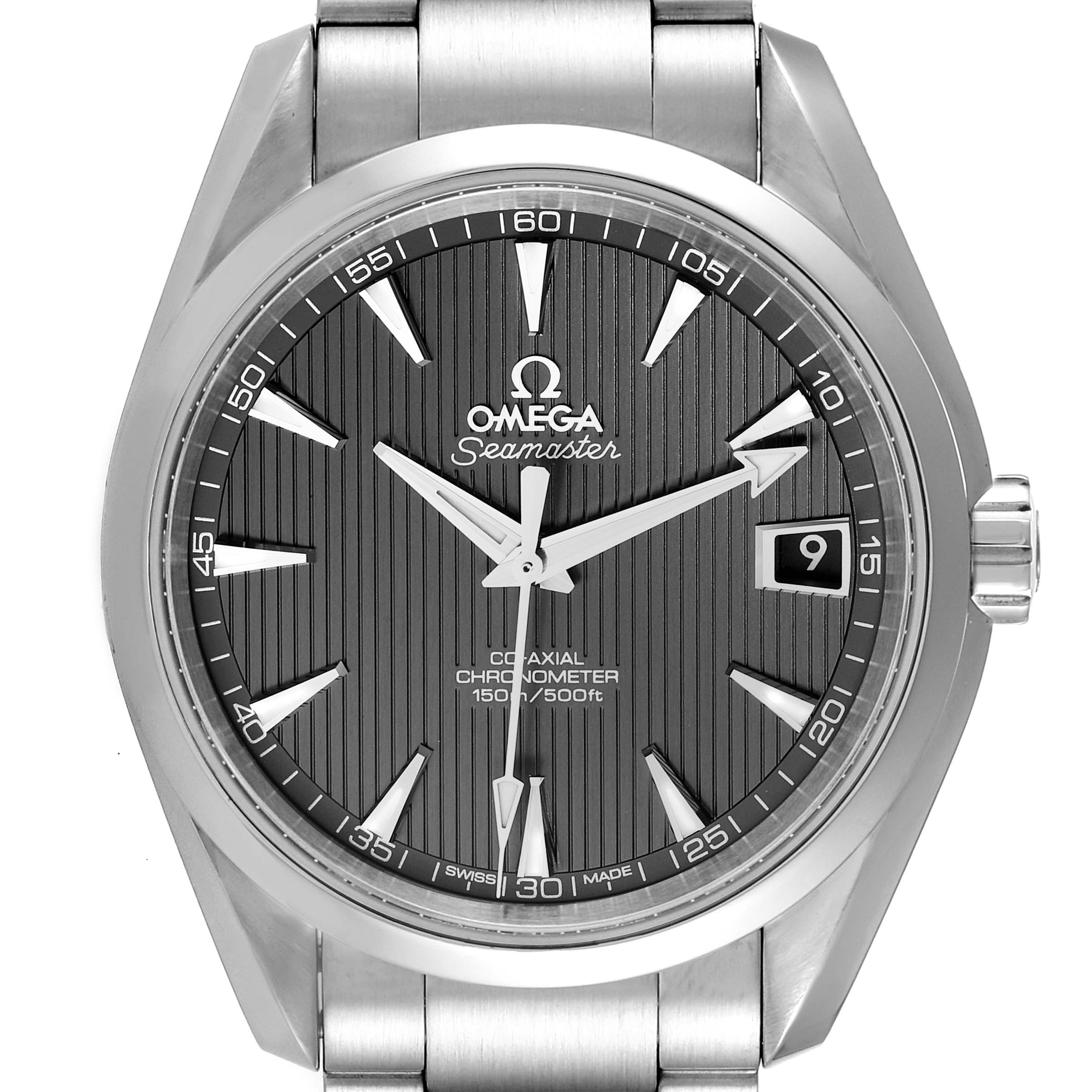 The image shows a front view of the Omega Aqua Terra 231.10.39.21.06.001 Men's Stainless Steel Grey Dial 231.10.39.21.06.001 Men's Stainless Steel Grey Dial Seamaster watch, highlighting the dial, hands, date window, and part of the bracelet.