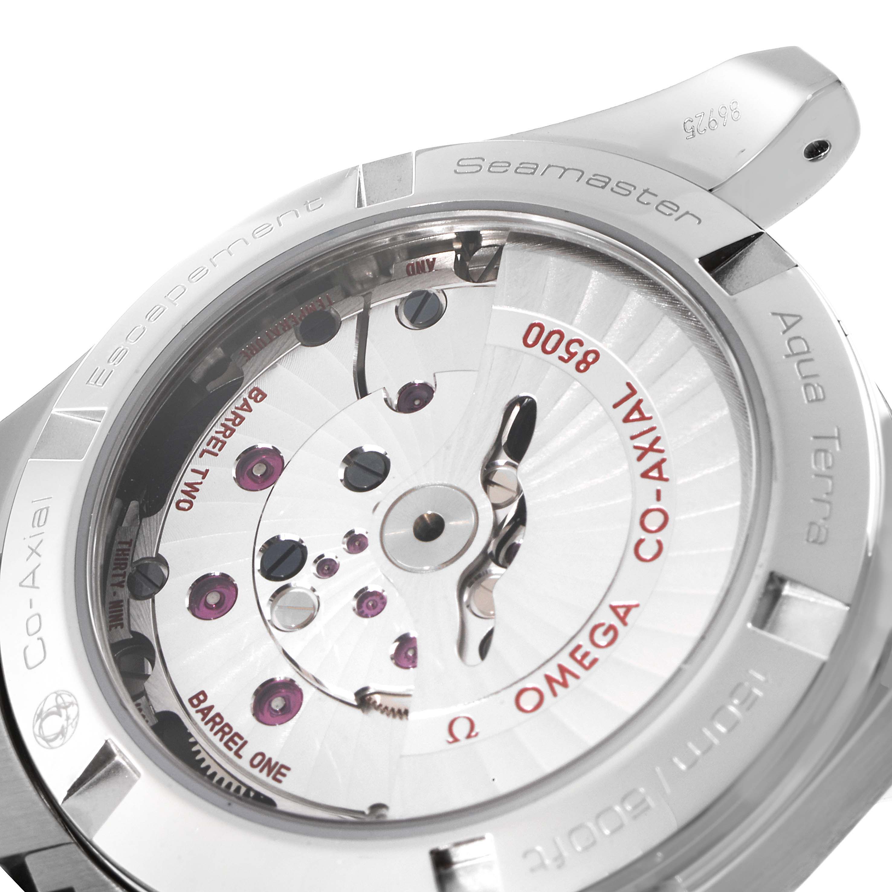 The image shows the back view of the Omega Aqua Terra 231.10.39.21.06.001 Men's Stainless Steel Grey Dial 231.10.39.21.06.001 Men's Stainless Steel Grey Dial watch, highlighting the Co-Axial 8500 movement.