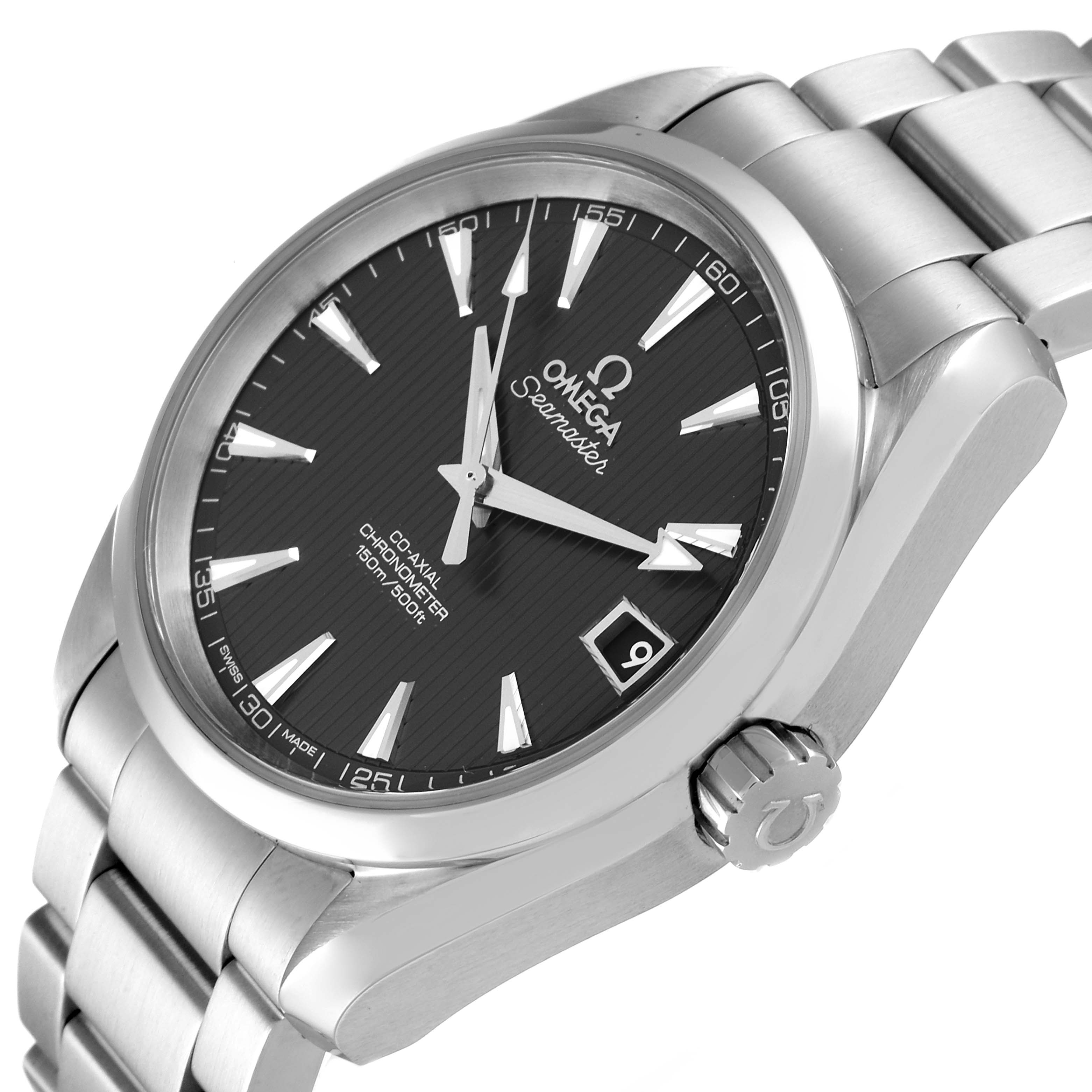 The image shows the Omega Aqua Terra 231.10.39.21.06.001 Men's Stainless Steel Grey Dial 231.10.39.21.06.001 Men's Stainless Steel Grey Dial watch from a tilted angle highlighting the face, bracelet, bezel, crown, and date window.