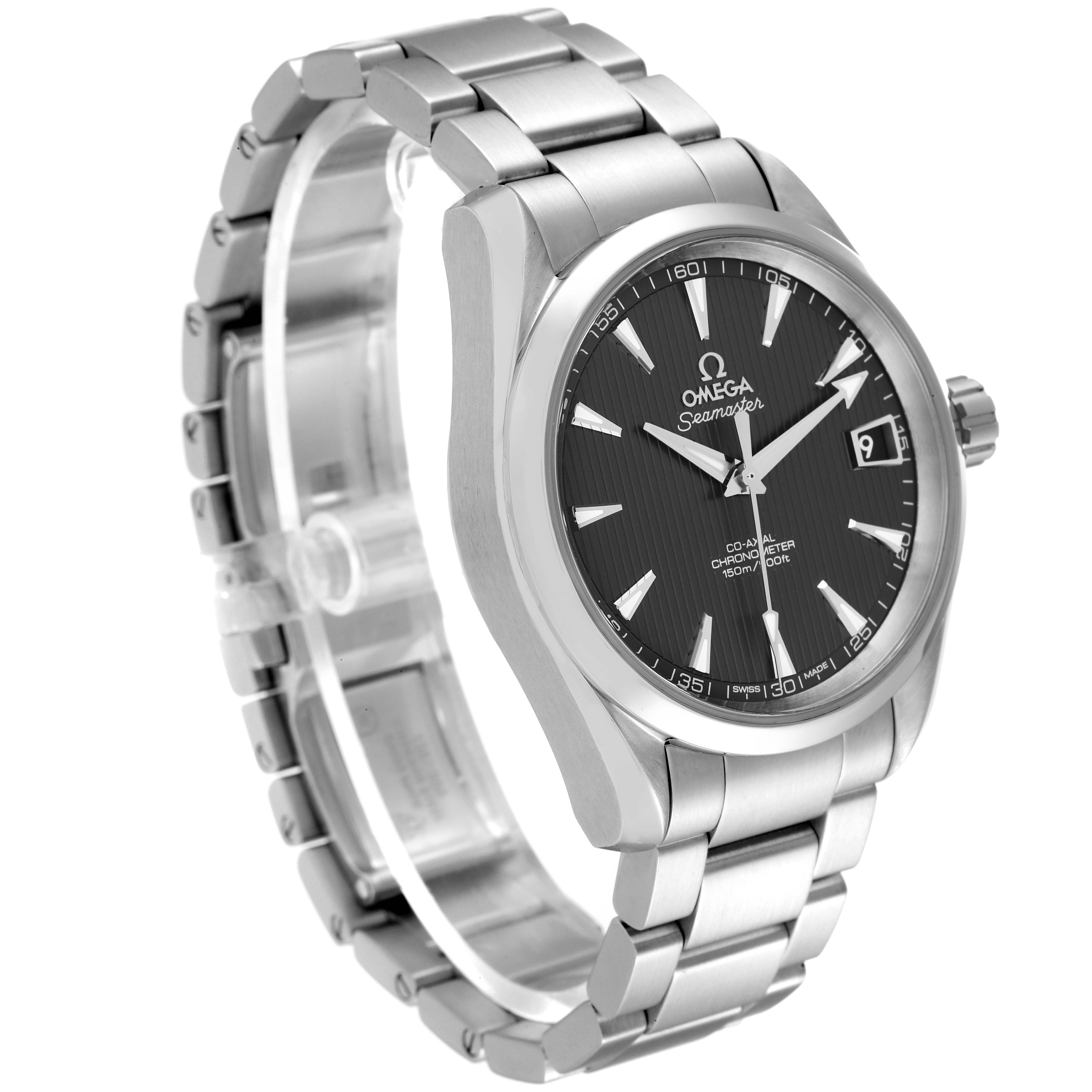 The image shows an angled view of the Omega Aqua Terra 231.10.39.21.06.001 Men's Stainless Steel Grey Dial 231.10.39.21.06.001 Men's Stainless Steel Grey Dial watch, highlighting its dial, bracelet, and case.