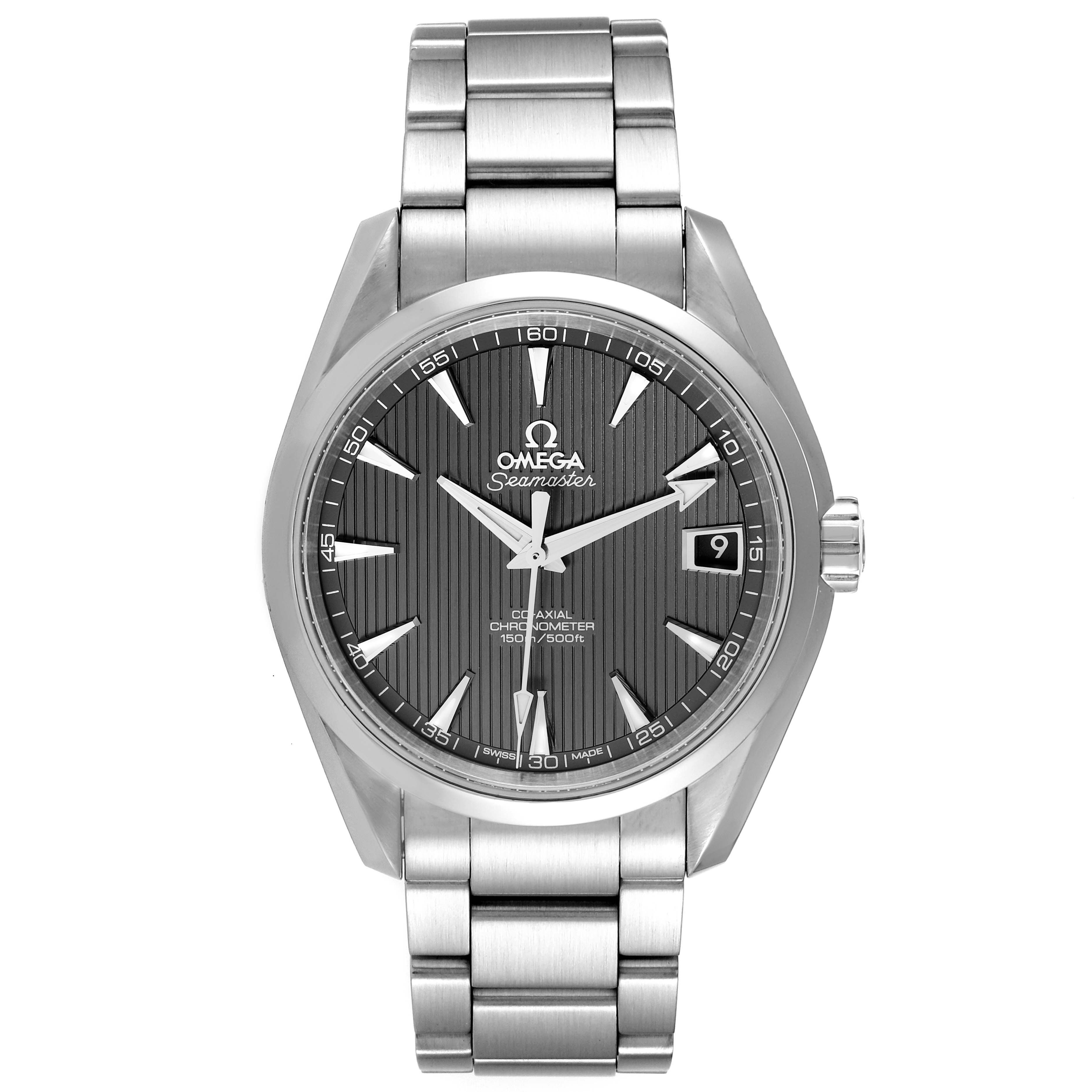 The Omega Aqua Terra 231.10.39.21.06.001 Men's Stainless Steel Grey Dial 231.10.39.21.06.001 Men's Stainless Steel Grey Dial watch is shown from a front angle, highlighting the face, bezel, and stainless steel bracelet.