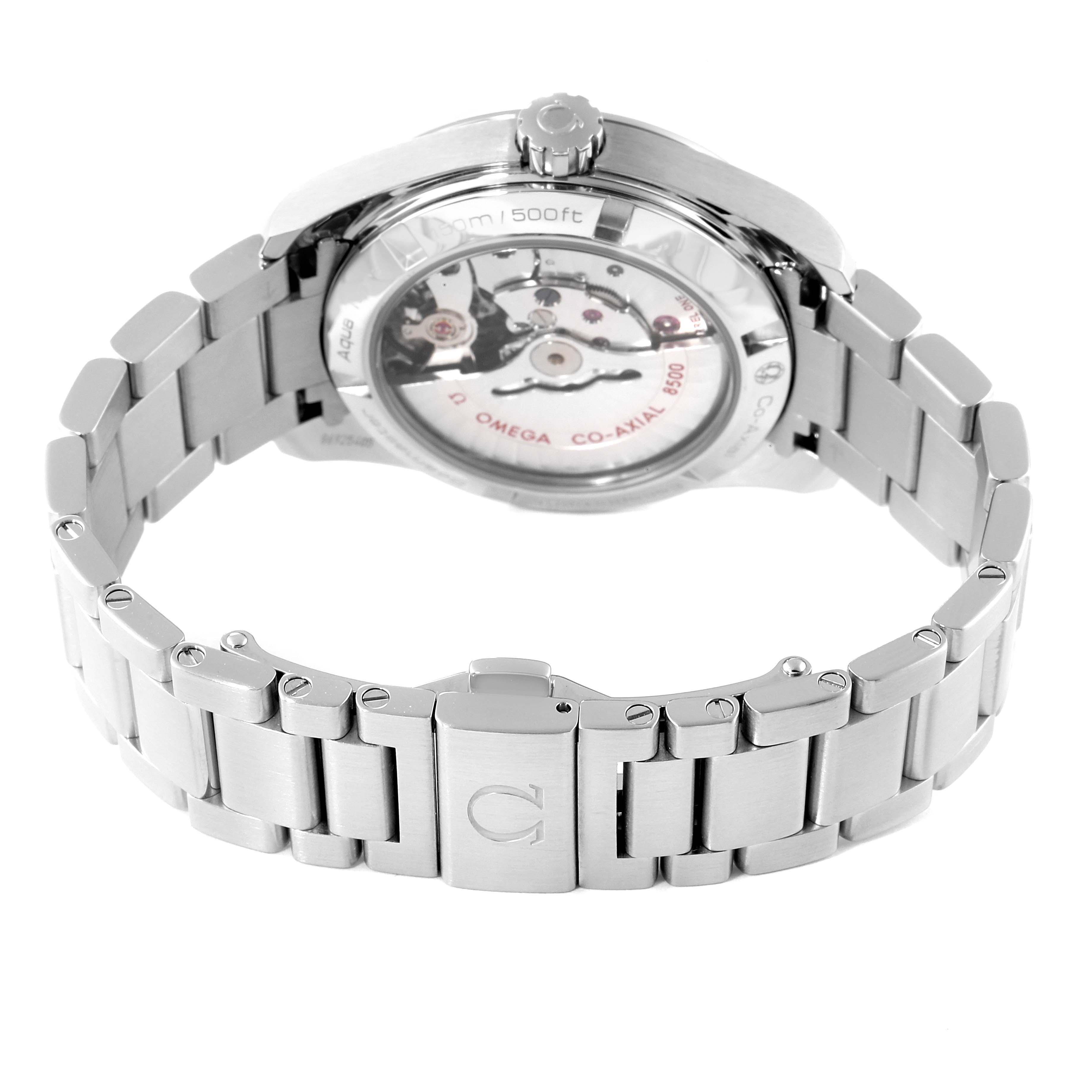 The image shows the back view of an Omega Aqua Terra 231.10.39.21.06.001 Men's Stainless Steel Grey Dial 231.10.39.21.06.001 Men's Stainless Steel Grey Dial watch, highlighting its stainless steel case and bracelet.