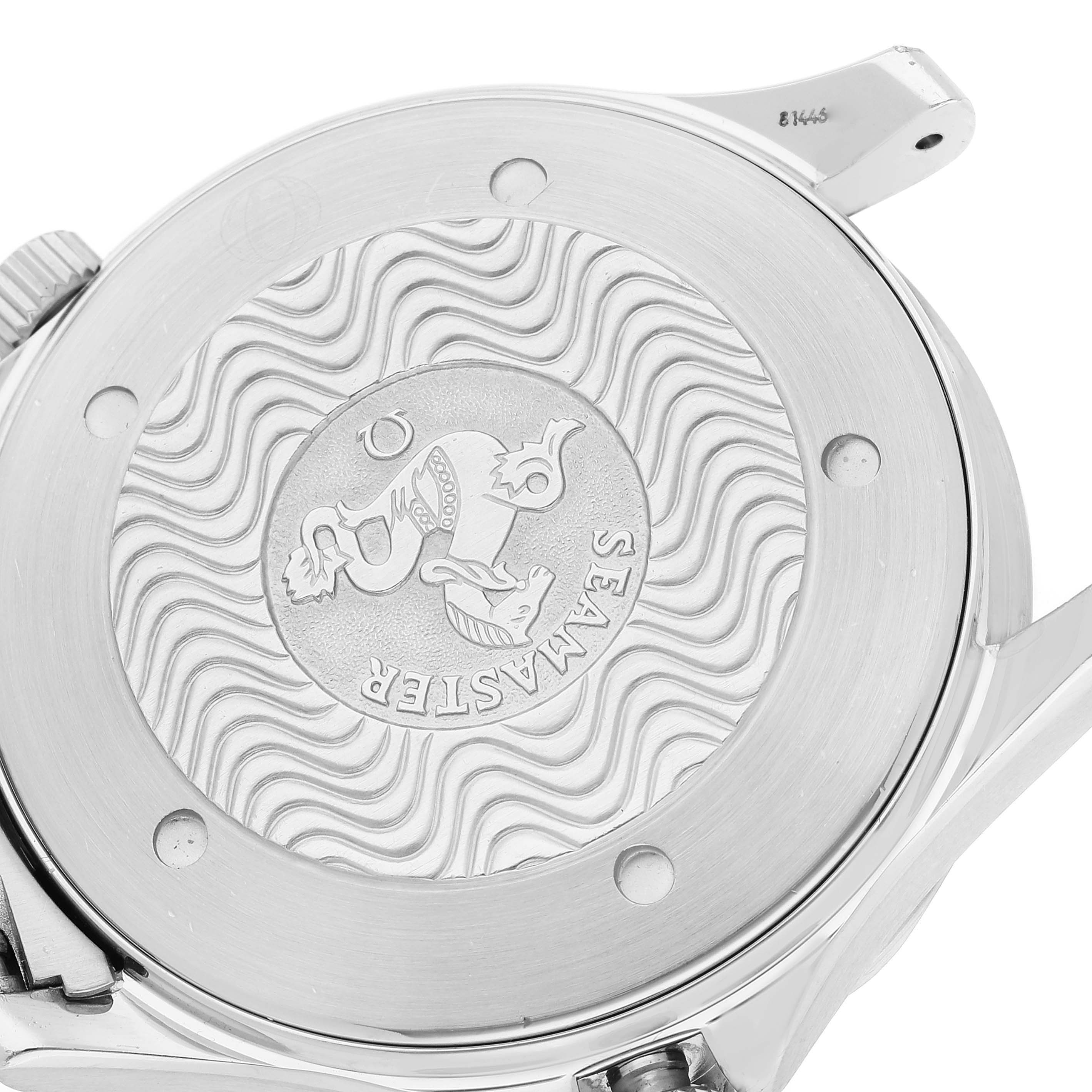 This image shows the back casing of an Omega Seamaster 2254.50.00 Men's Stainless Steel Black Dial 2254.50.00 Men's Stainless Steel Black Dial watch, highlighting the engraved logo and wavy pattern design.