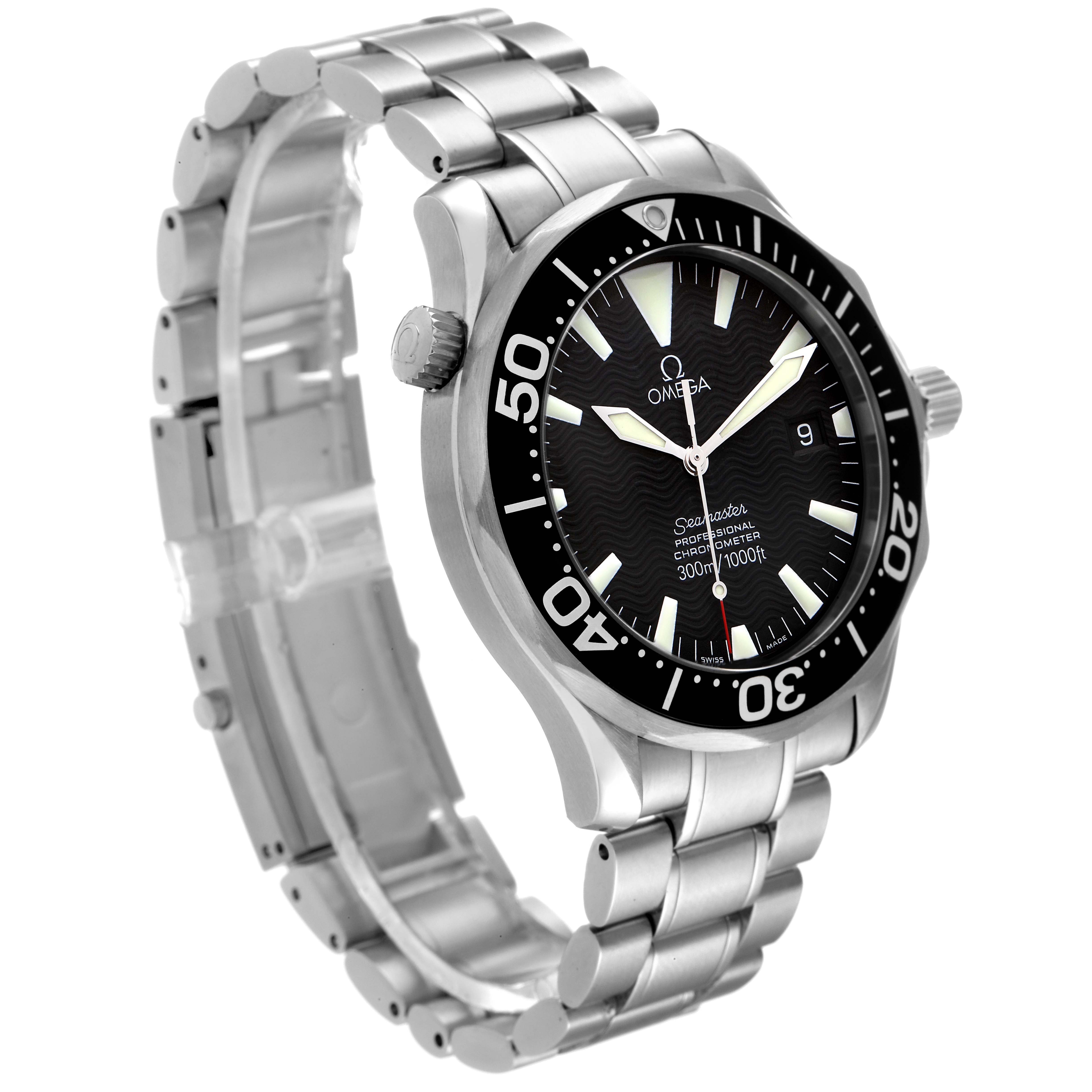 The Omega Seamaster 2254.50.00 Men's Stainless Steel Black Dial 2254.50.00 Men's Stainless Steel Black Dial watch is shown at a three-quarter angle, highlighting its bracelet, dial, bezel, and crown.