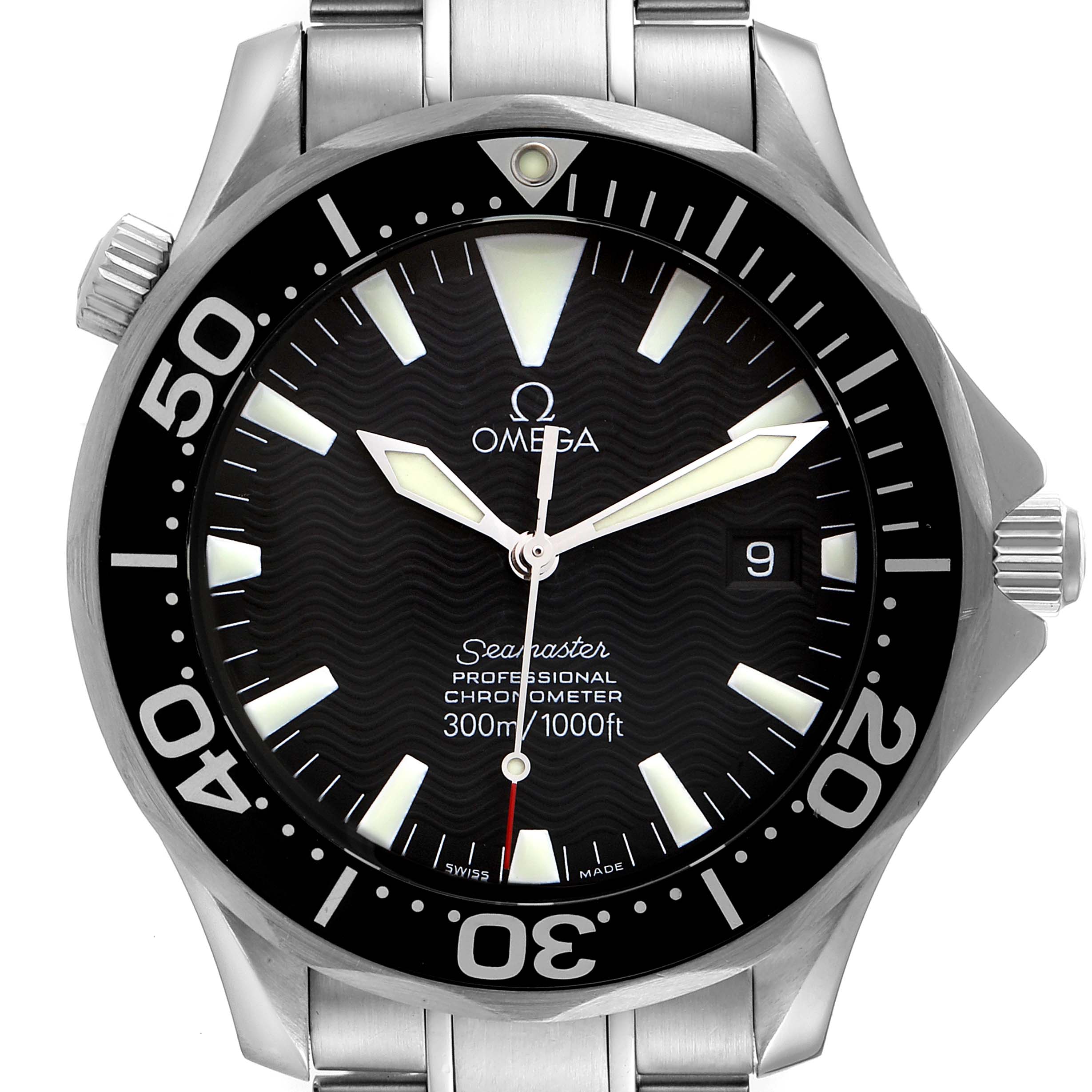 This image shows a frontal view of an Omega Seamaster 2254.50.00 Men's Stainless Steel Black Dial 2254.50.00 Men's Stainless Steel Black Dial watch, highlighting the bezel, hands, markers, and crown.