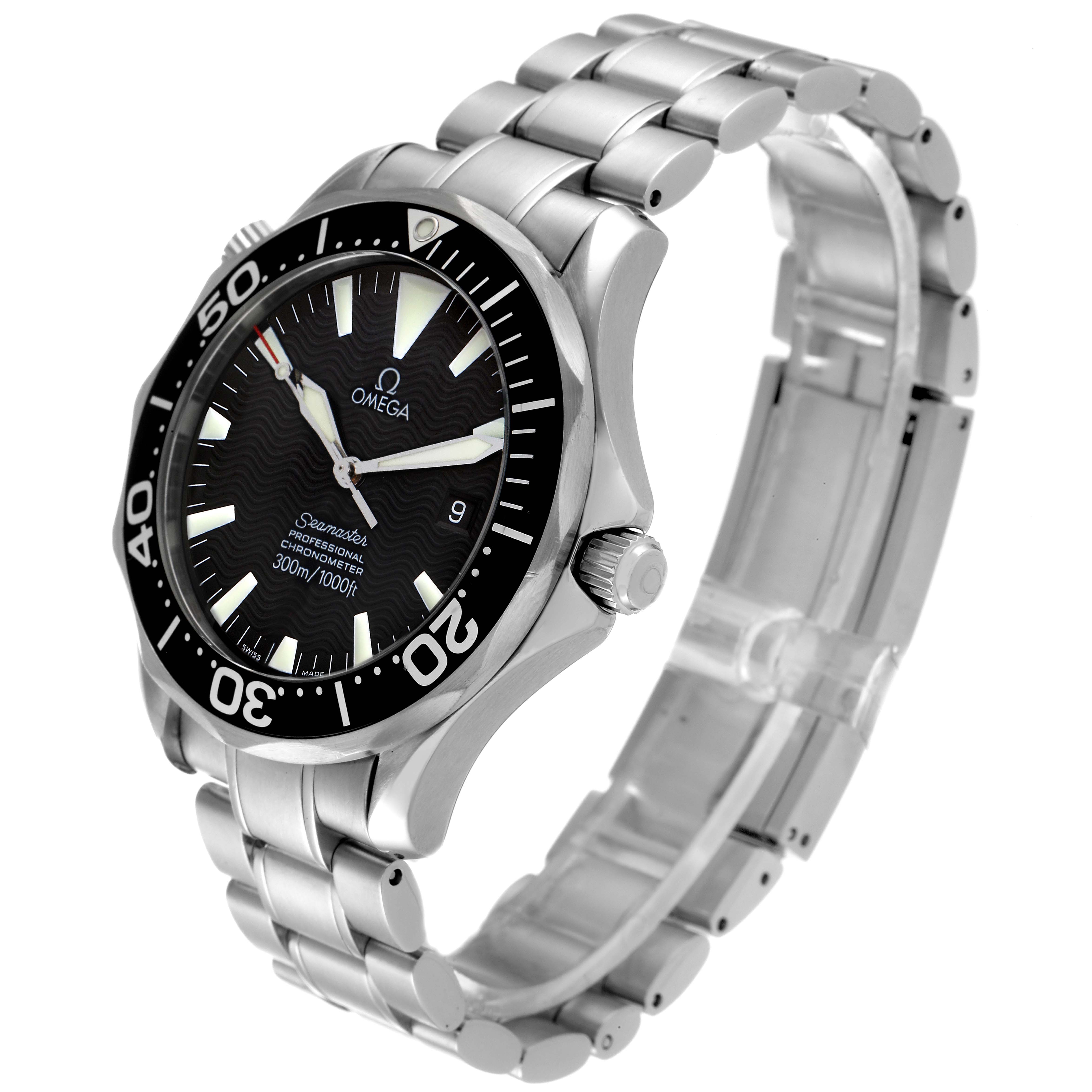 The image shows an angled view of the Omega Seamaster 2254.50.00 Men's Stainless Steel Black Dial 2254.50.00 Men's Stainless Steel Black Dial watch, highlighting its face, bezel, and stainless steel bracelet.