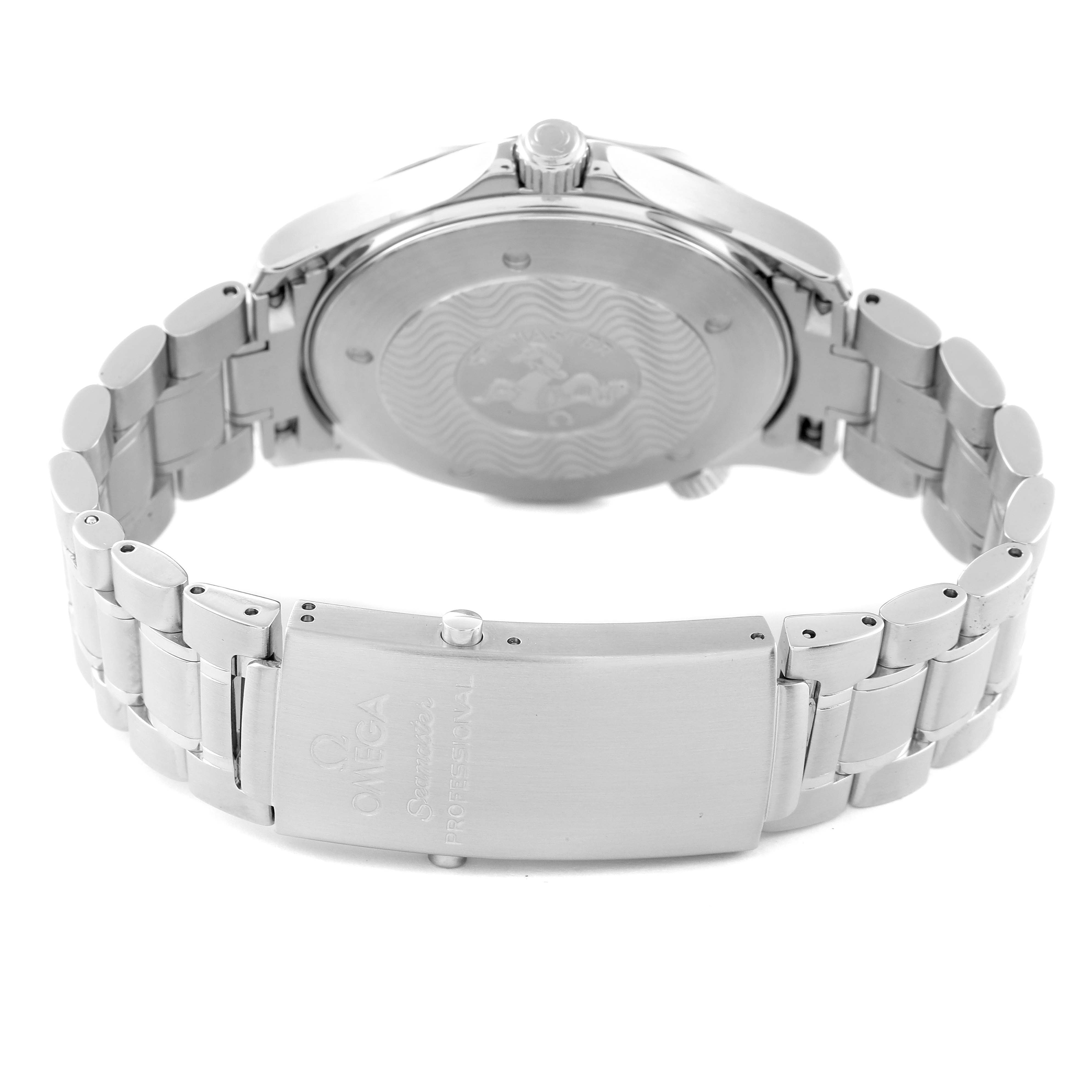 The image shows the Omega Seamaster 2254.50.00 Men's Stainless Steel Black Dial 2254.50.00 Men's Stainless Steel Black Dial watch from a rear angle, highlighting the bracelet and clasp, along with the case back.