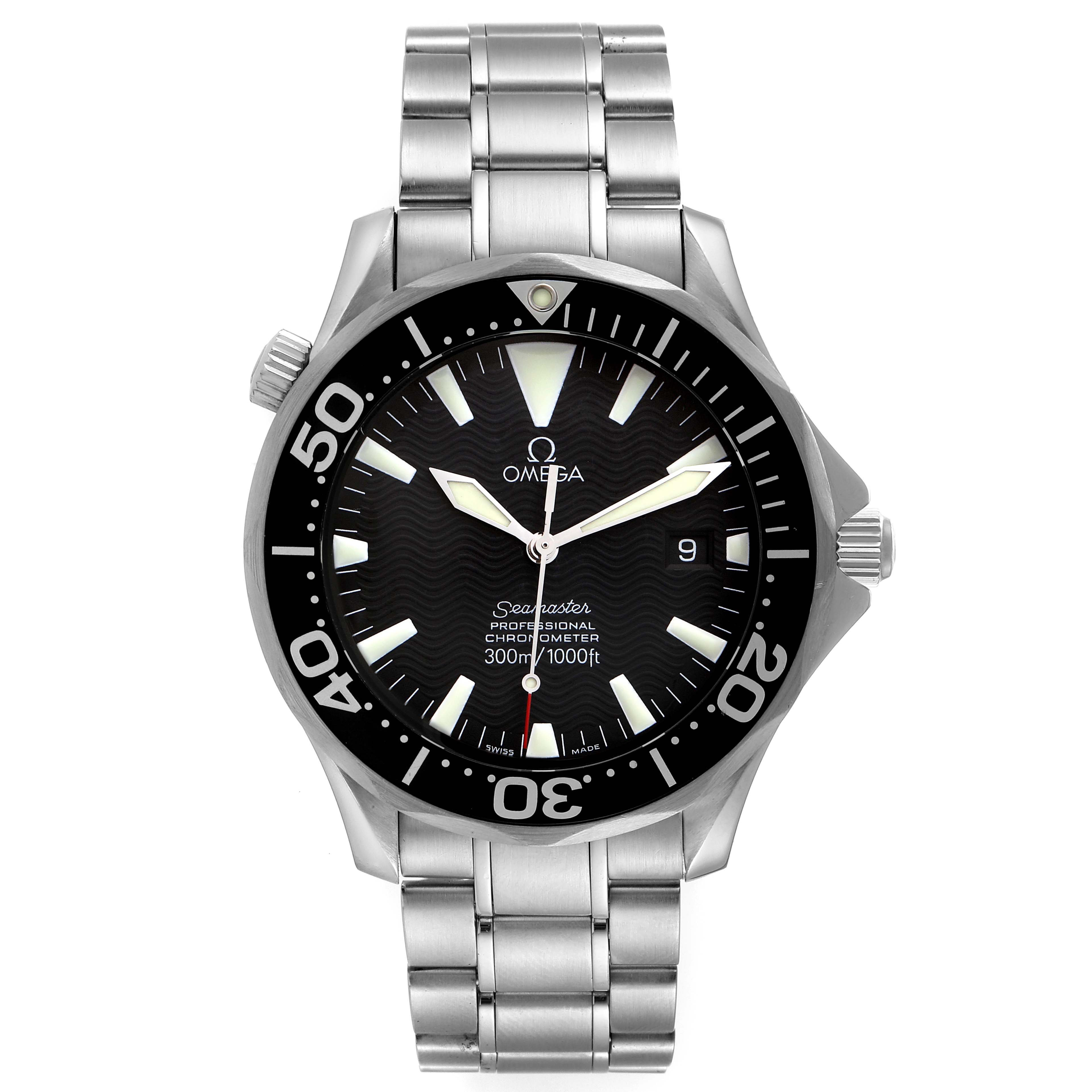 The Omega Seamaster 2254.50.00 Men's Stainless Steel Black Dial 2254.50.00 Men's Stainless Steel Black Dial watch is shown from a front angle, displaying its dial, bezel, and stainless steel bracelet.