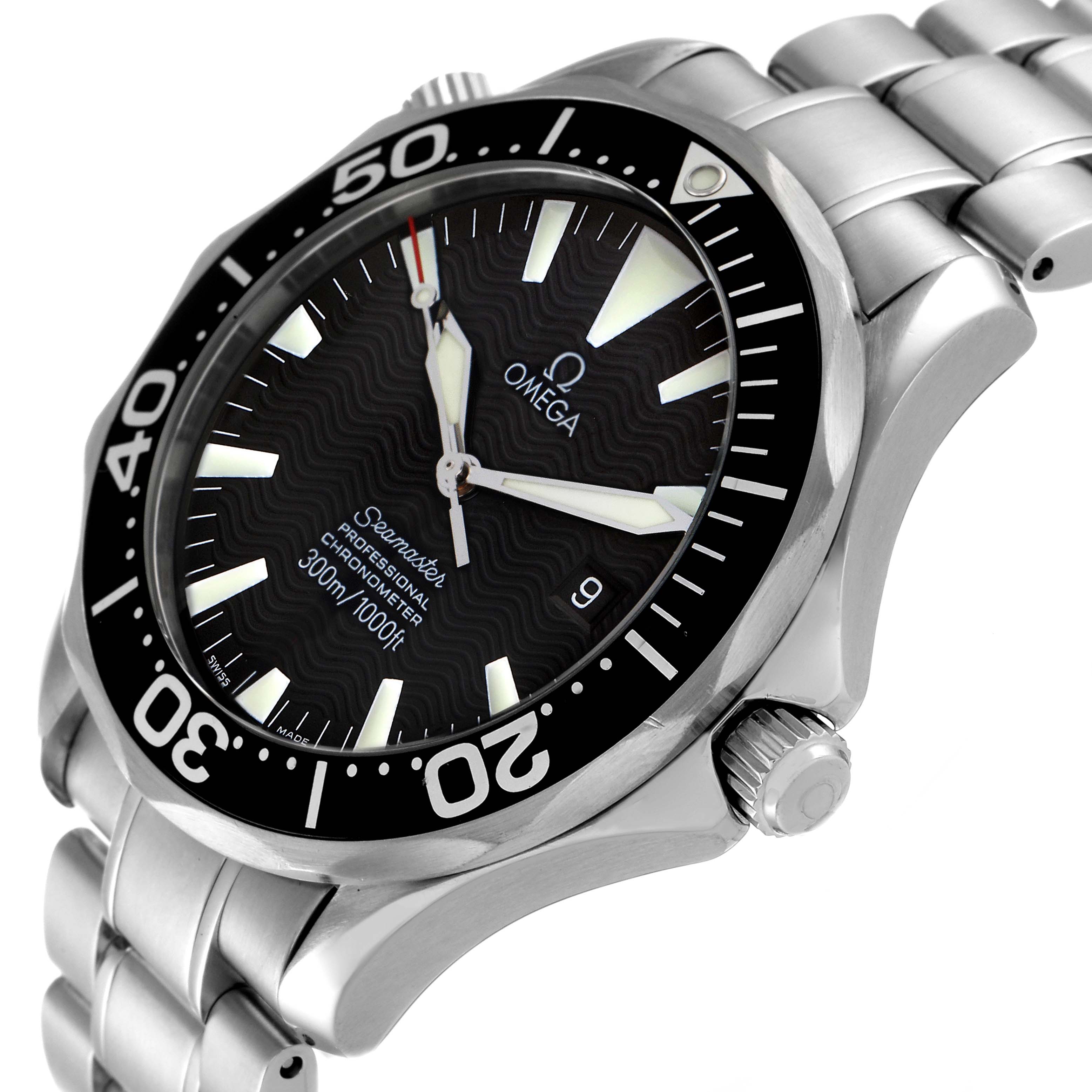 The image shows an angled view of an Omega Seamaster 2254.50.00 Men's Stainless Steel Black Dial 2254.50.00 Men's Stainless Steel Black Dial watch, highlighting the bezel, dial, crown, and bracelet.
