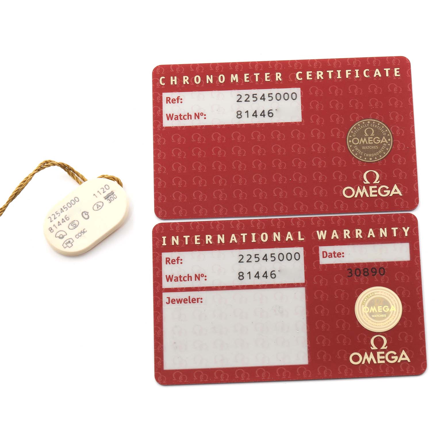 The image shows a Chronometer Certificate and International Warranty card for the Omega Seamaster 2254.50.00 Men's Stainless Steel Black Dial 2254.50.00 Men's Stainless Steel Black Dial watch.