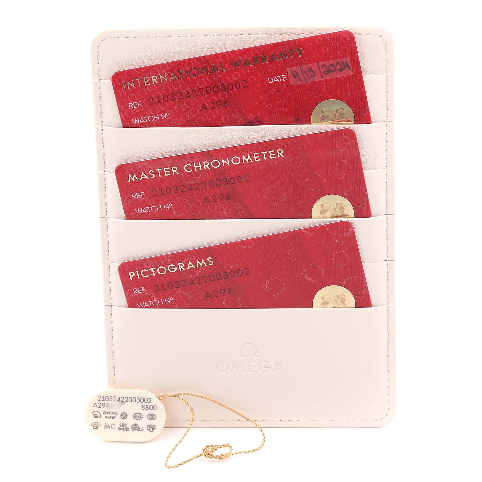 The image shows Omega Seamaster 210.32.42.20.03.002 Men's Stainless Steel Blue Dial 210.32.42.20.03.002 Men's Stainless Steel Blue Dial cards in a holder, including warranty, chronometer, and pictograms cards, with a tag attached.