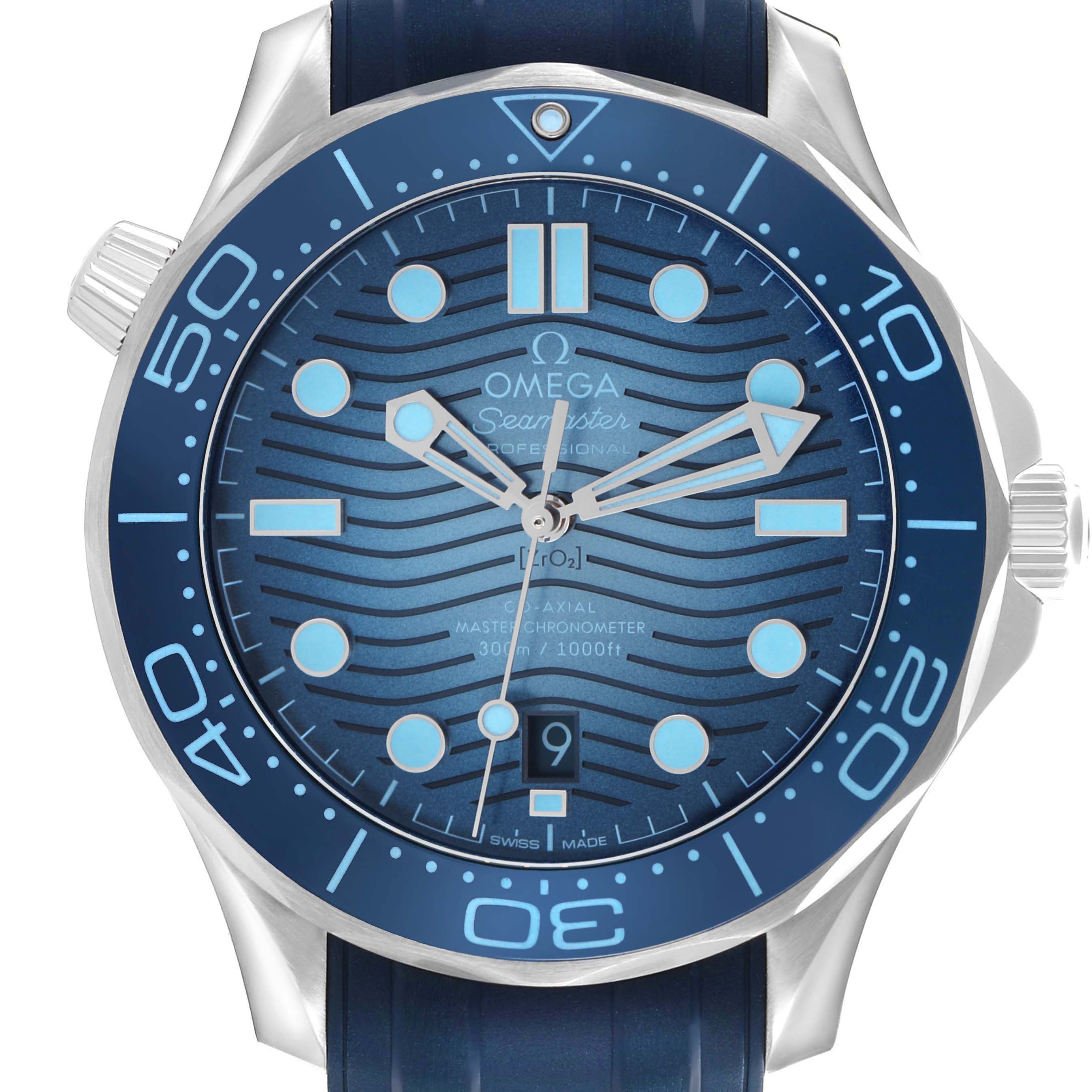 The Omega Seamaster 210.32.42.20.03.002 Men's Stainless Steel Blue Dial 210.32.42.20.03.002 Men's Stainless Steel Blue Dial watch is shown from a front angle, highlighting the blue dial, bezel, and rubber strap.