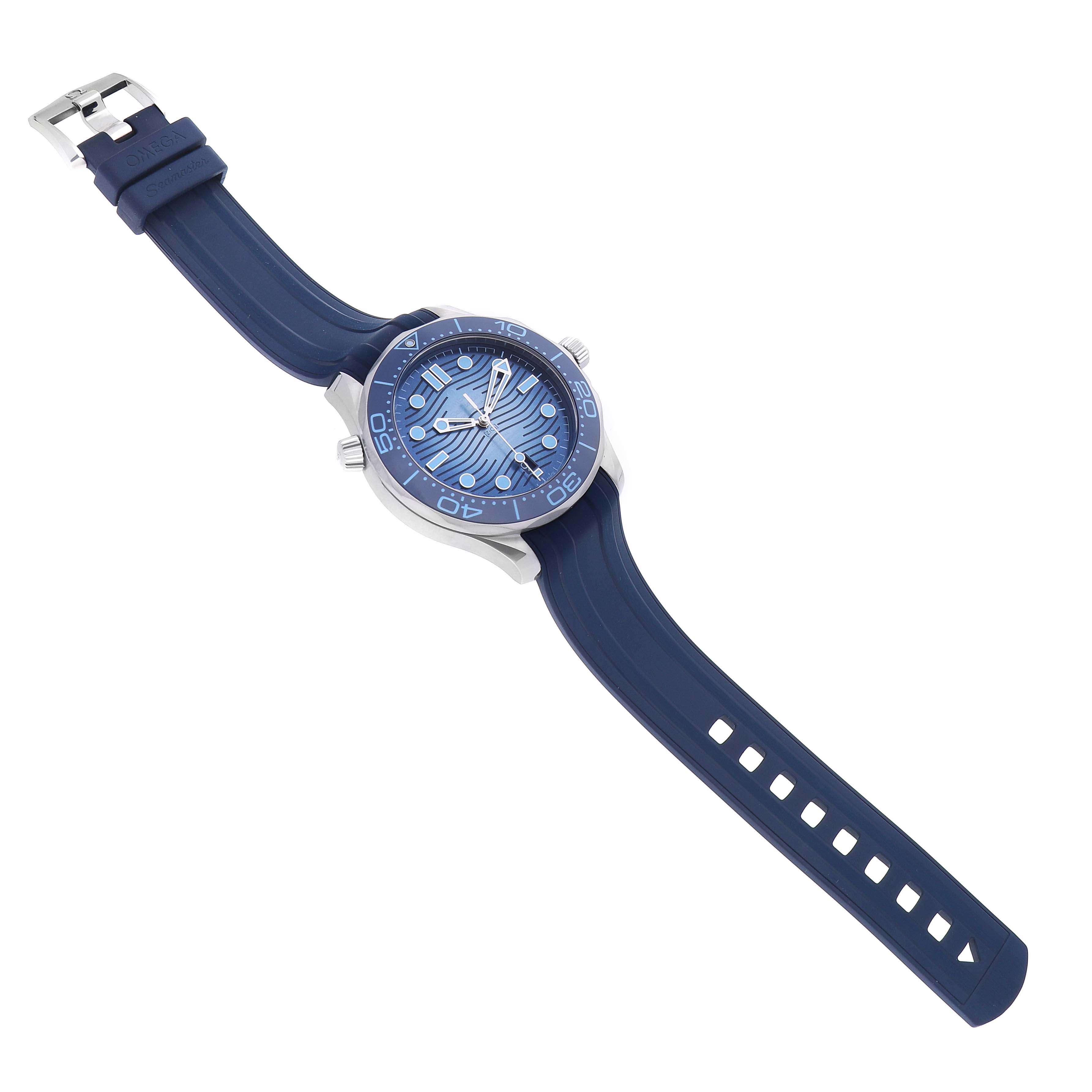 The Omega Seamaster 210.32.42.20.03.002 Men's Stainless Steel Blue Dial 210.32.42.20.03.002 Men's Stainless Steel Blue Dial watch is shown at an angled top view, highlighting its blue dial, bezel, and strap.