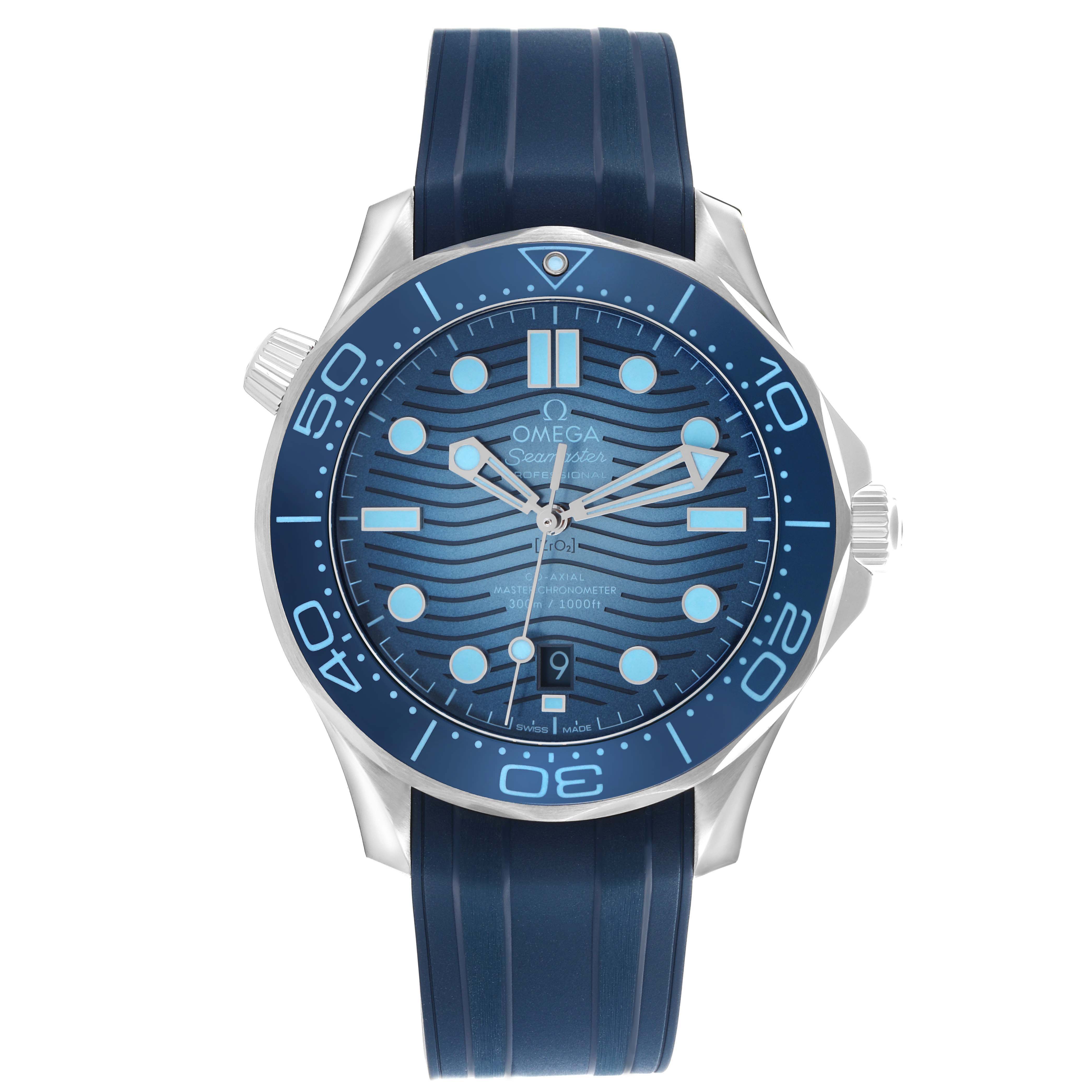 The Omega Seamaster 210.32.42.20.03.002 Men's Stainless Steel Blue Dial 210.32.42.20.03.002 Men's Stainless Steel Blue Dial watch is shown from a front angle, displaying its blue dial, bezel, and rubber strap.