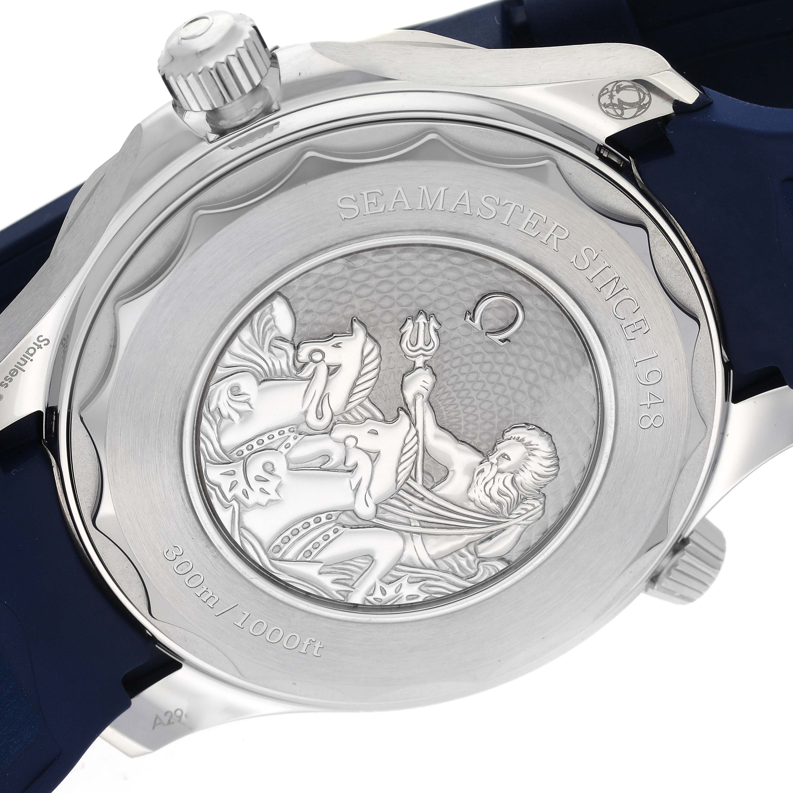 The image shows the case back of an Omega Seamaster 210.32.42.20.03.002 Men's Stainless Steel Blue Dial 210.32.42.20.03.002 Men's Stainless Steel Blue Dial, featuring an embossed design and the text "SEAMASTER SINCE 1948."