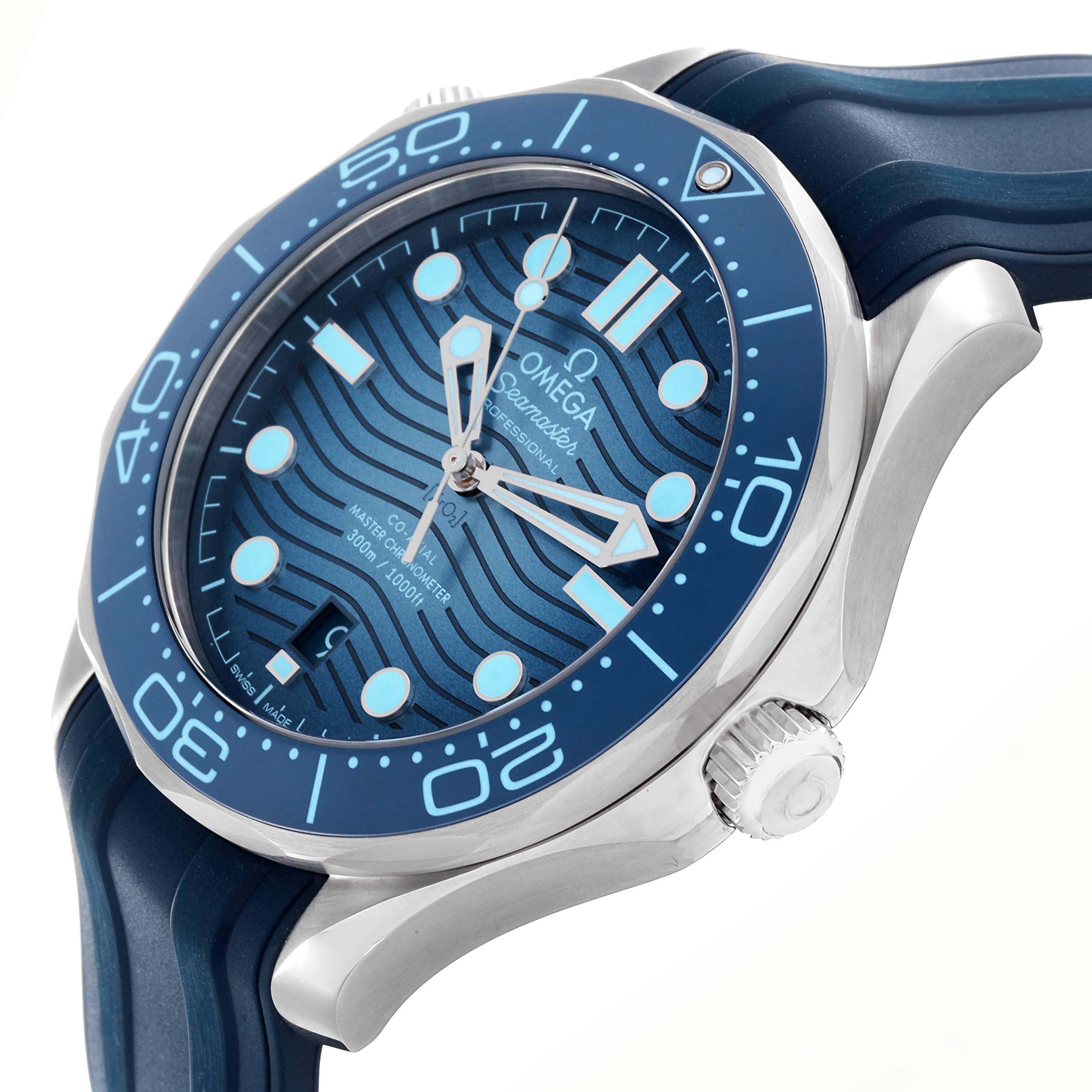 The Omega Seamaster 210.32.42.20.03.002 Men's Stainless Steel Blue Dial 210.32.42.20.03.002 Men's Stainless Steel Blue Dial watch is shown from a side angle, highlighting the blue dial, bezel, and crown.