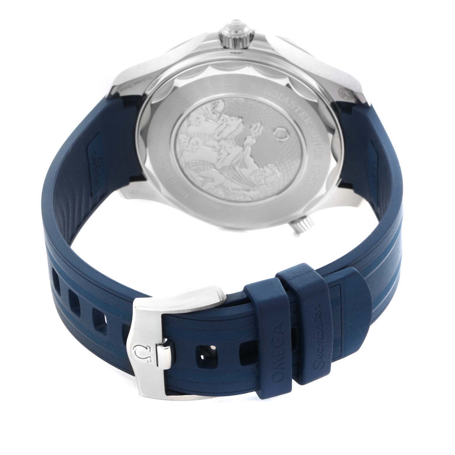 The image shows the back of the Omega Seamaster 210.32.42.20.03.002 Men's Stainless Steel Blue Dial 210.32.42.20.03.002 Men's Stainless Steel Blue Dial watch, highlighting its engraved case back and blue rubber strap with a buckle.
