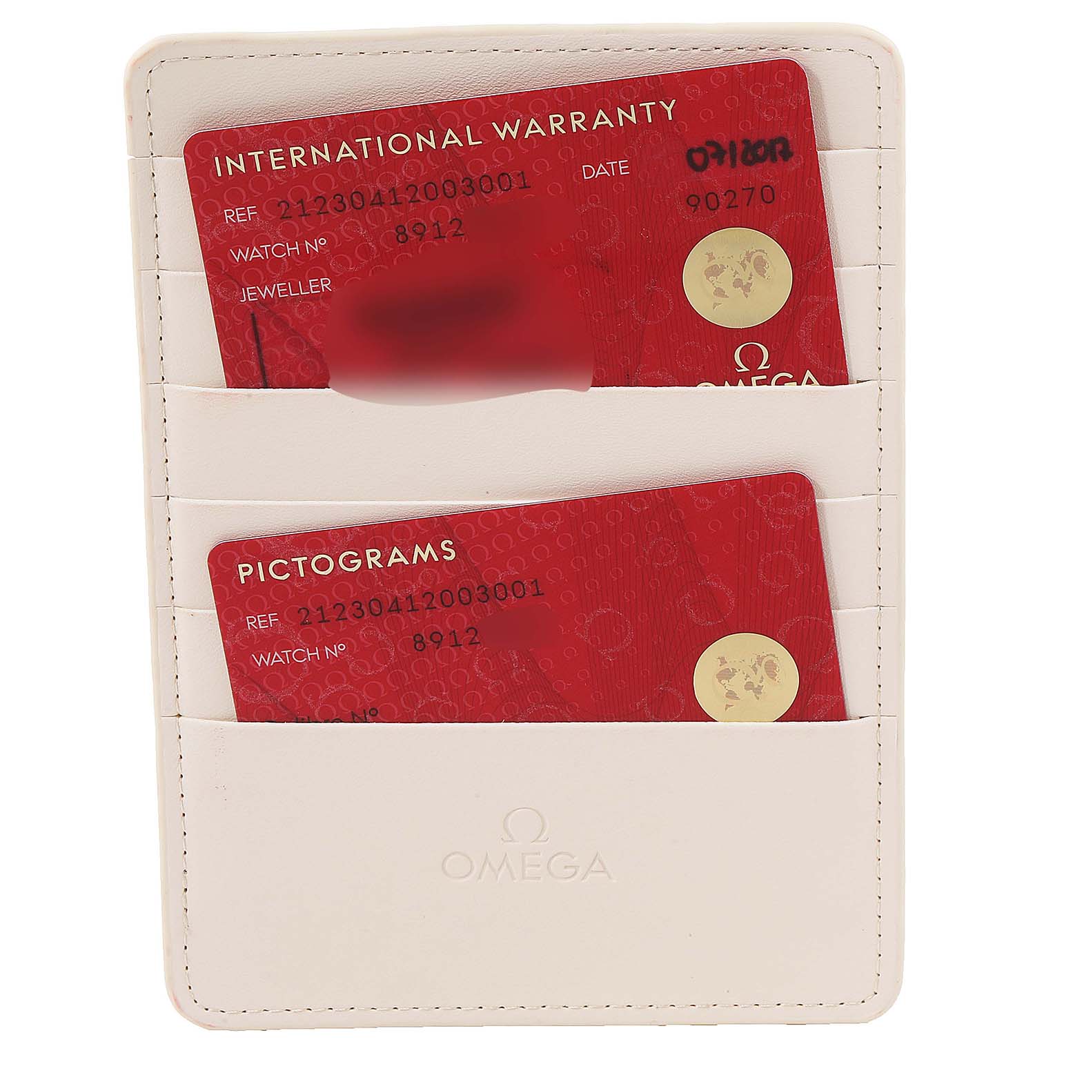 The image shows two Omega Seamaster 212.30.41.20.03.001 Men's Stainless Steel Blue Dial 212.30.41.20.03.001 Men's Stainless Steel Blue Dial model cards for warranty and pictograms, placed in a white cardholder.