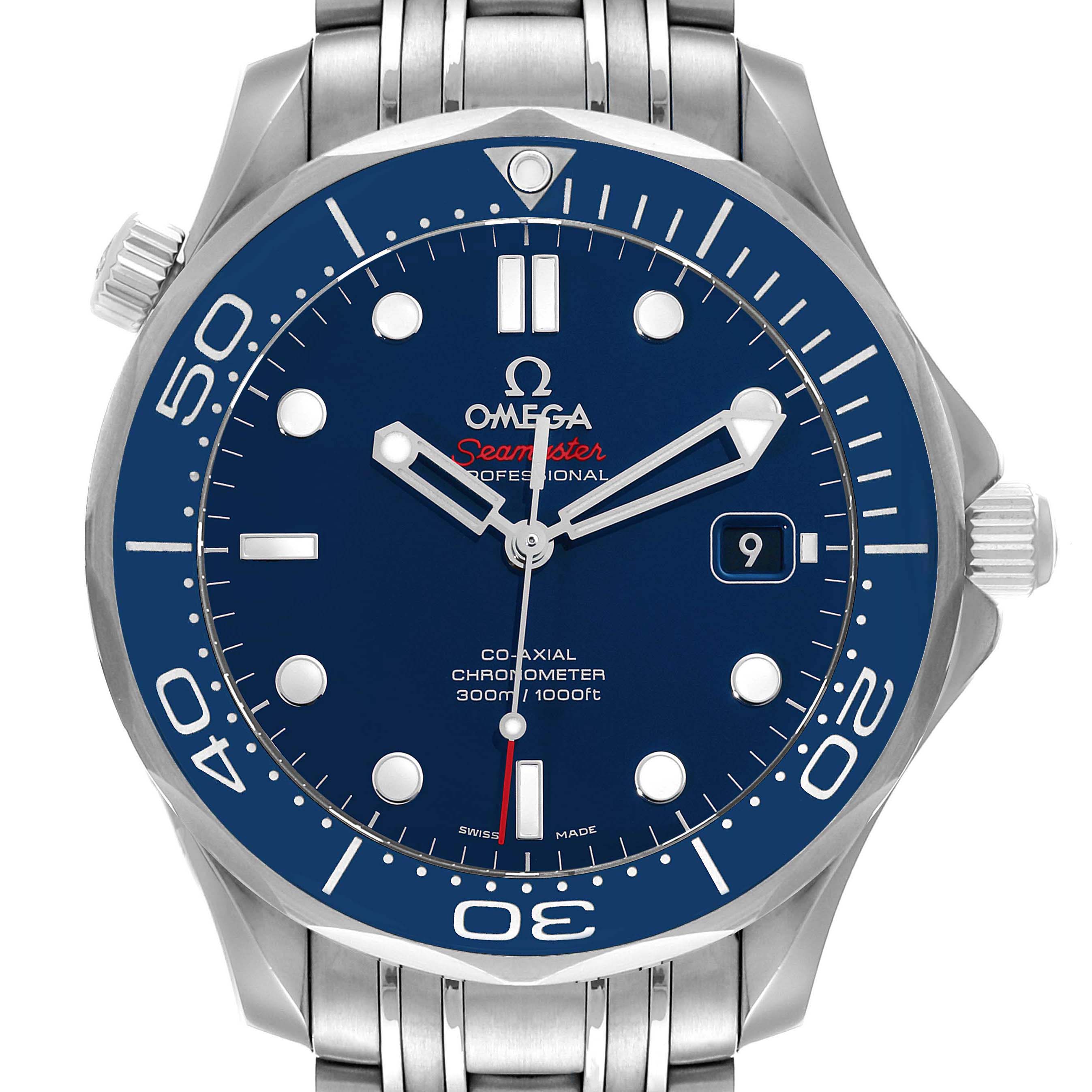 The image shows a front view of the Omega Seamaster 212.30.41.20.03.001 Men's Stainless Steel Blue Dial 212.30.41.20.03.001 Men's Stainless Steel Blue Dial Professional watch, displaying its blue dial, bezel, and stainless steel bracelet.