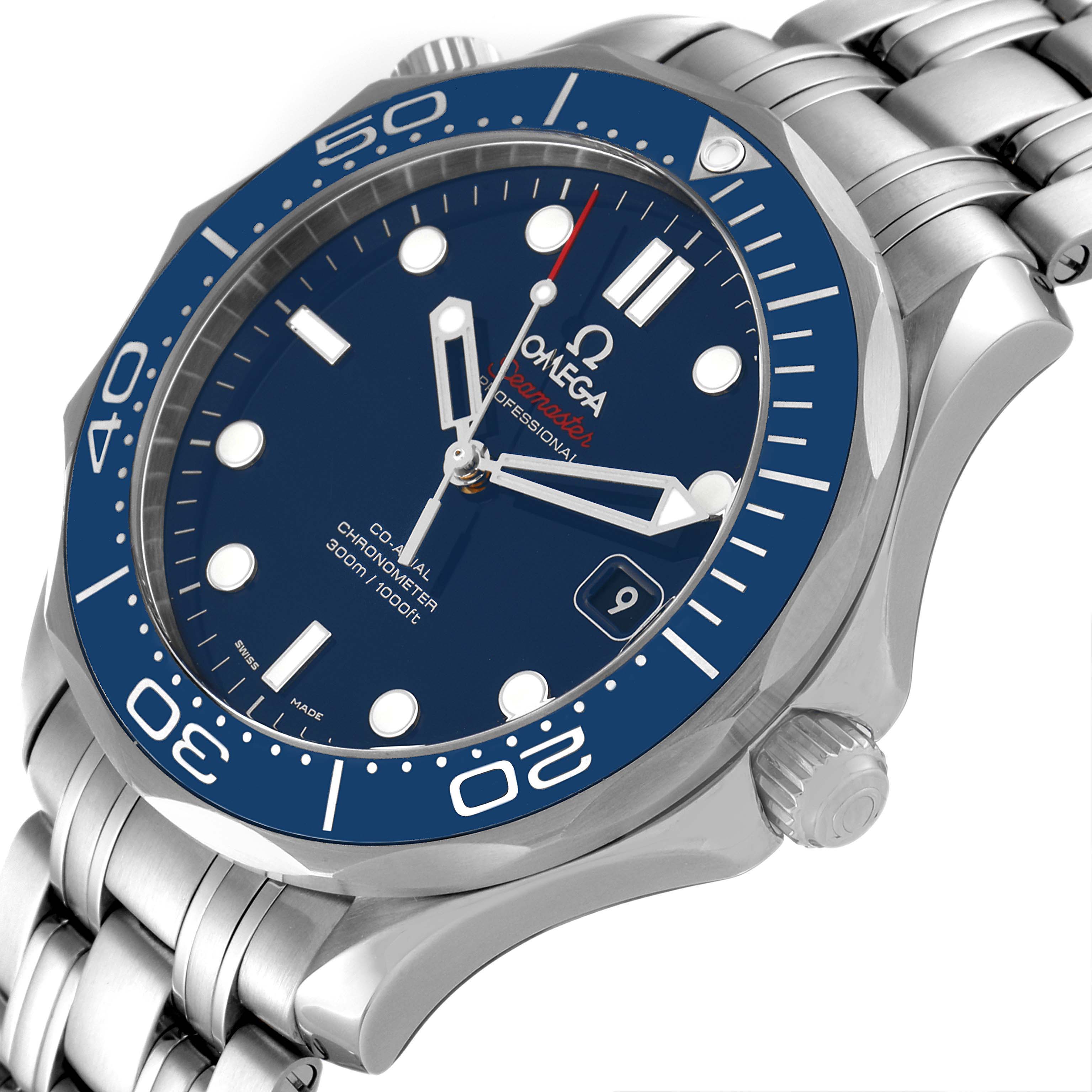 This image shows an angled view of the Omega Seamaster 212.30.41.20.03.001 Men's Stainless Steel Blue Dial 212.30.41.20.03.001 Men's Stainless Steel Blue Dial watch, highlighting the face, bezel, crown, and stainless steel bracelet.