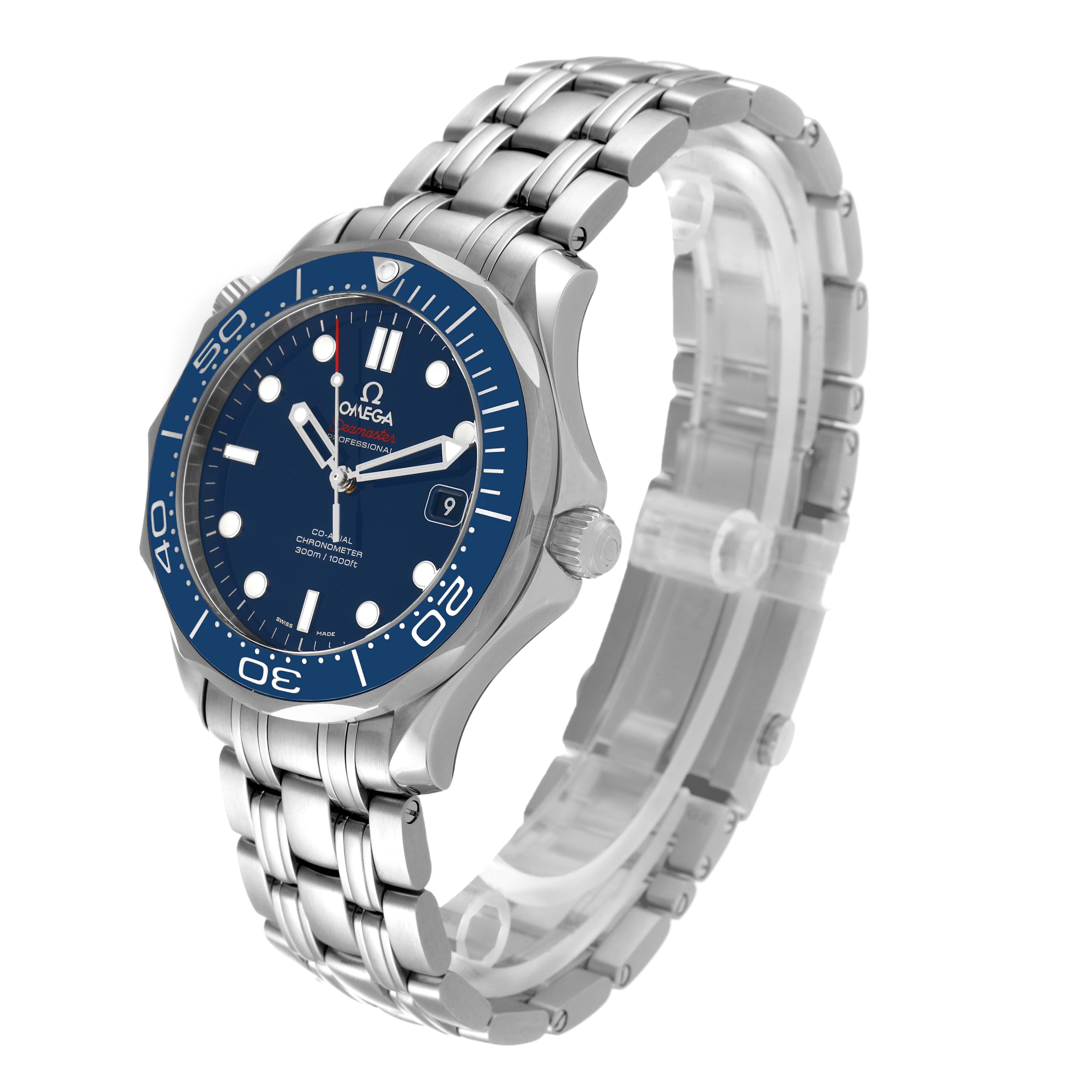 The Omega Seamaster 212.30.41.20.03.001 Men's Stainless Steel Blue Dial 212.30.41.20.03.001 Men's Stainless Steel Blue Dial watch is shown at a 3/4 angle, displaying the face, bezel, crown, and part of the stainless steel bracelet.