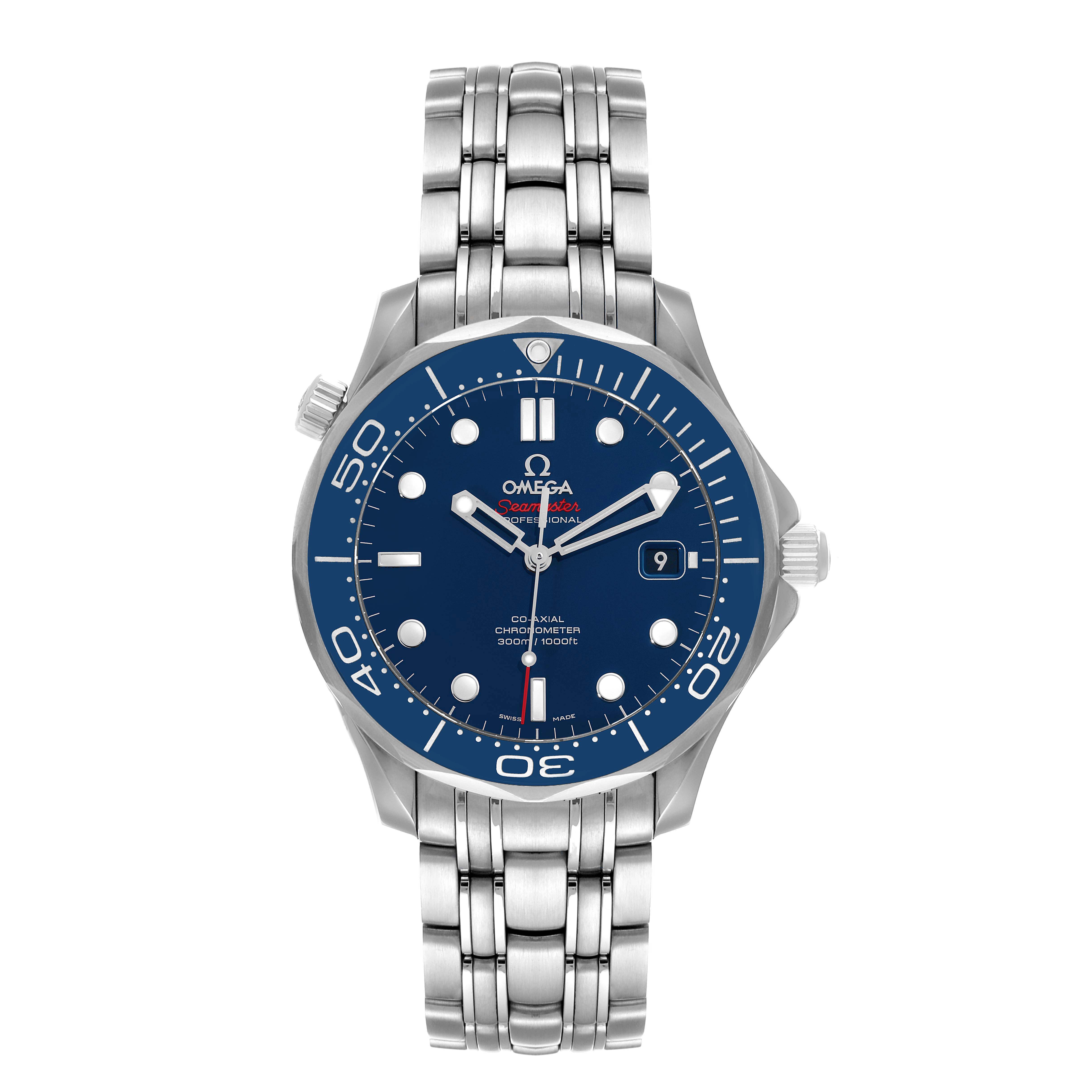 The image shows a front view of the Omega Seamaster 212.30.41.20.03.001 Men's Stainless Steel Blue Dial 212.30.41.20.03.001 Men's Stainless Steel Blue Dial watch, displaying its bracelet, bezel, and dial.