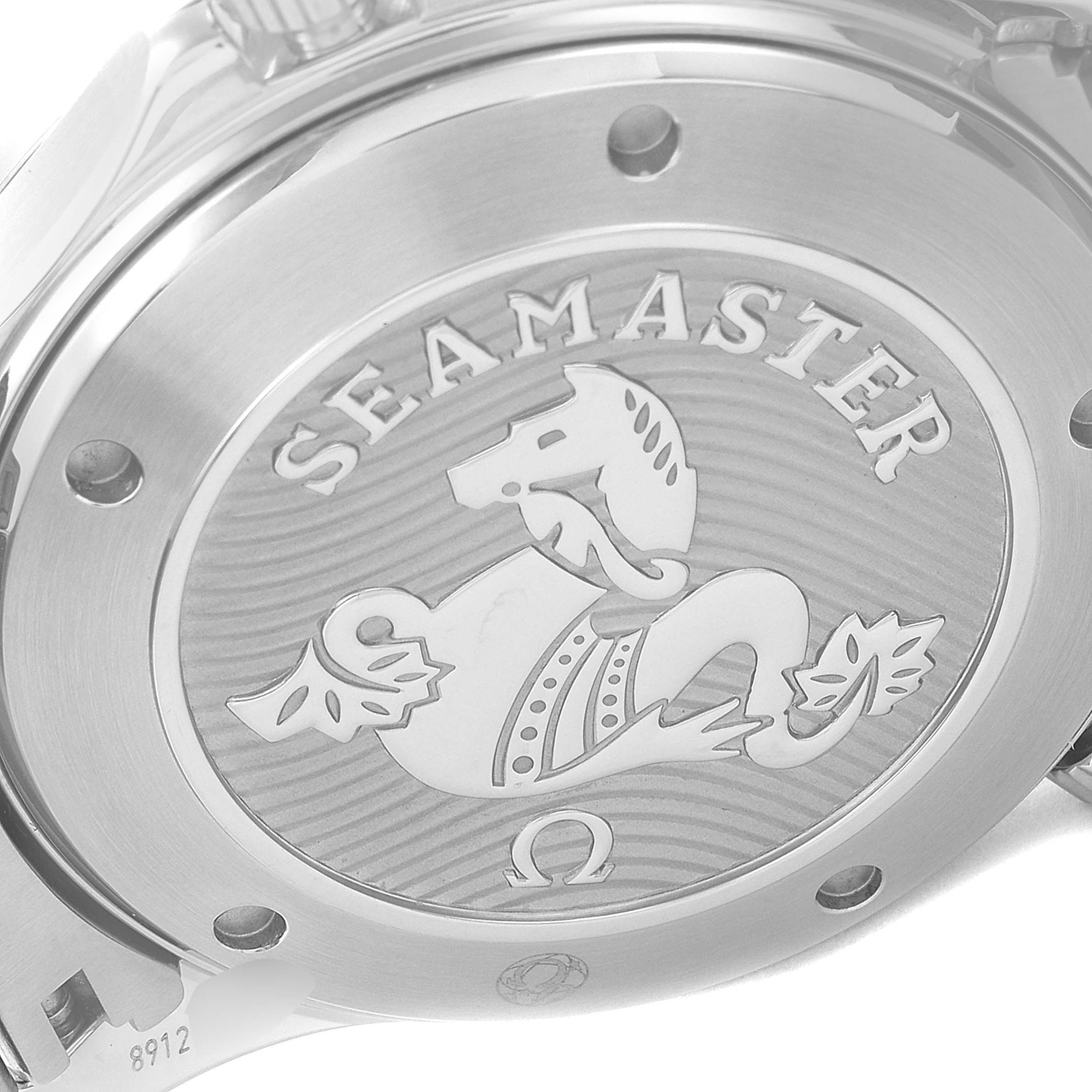 This image shows the case back of an Omega Seamaster 212.30.41.20.03.001 Men's Stainless Steel Blue Dial 212.30.41.20.03.001 Men's Stainless Steel Blue Dial watch with an embossed seahorse design.