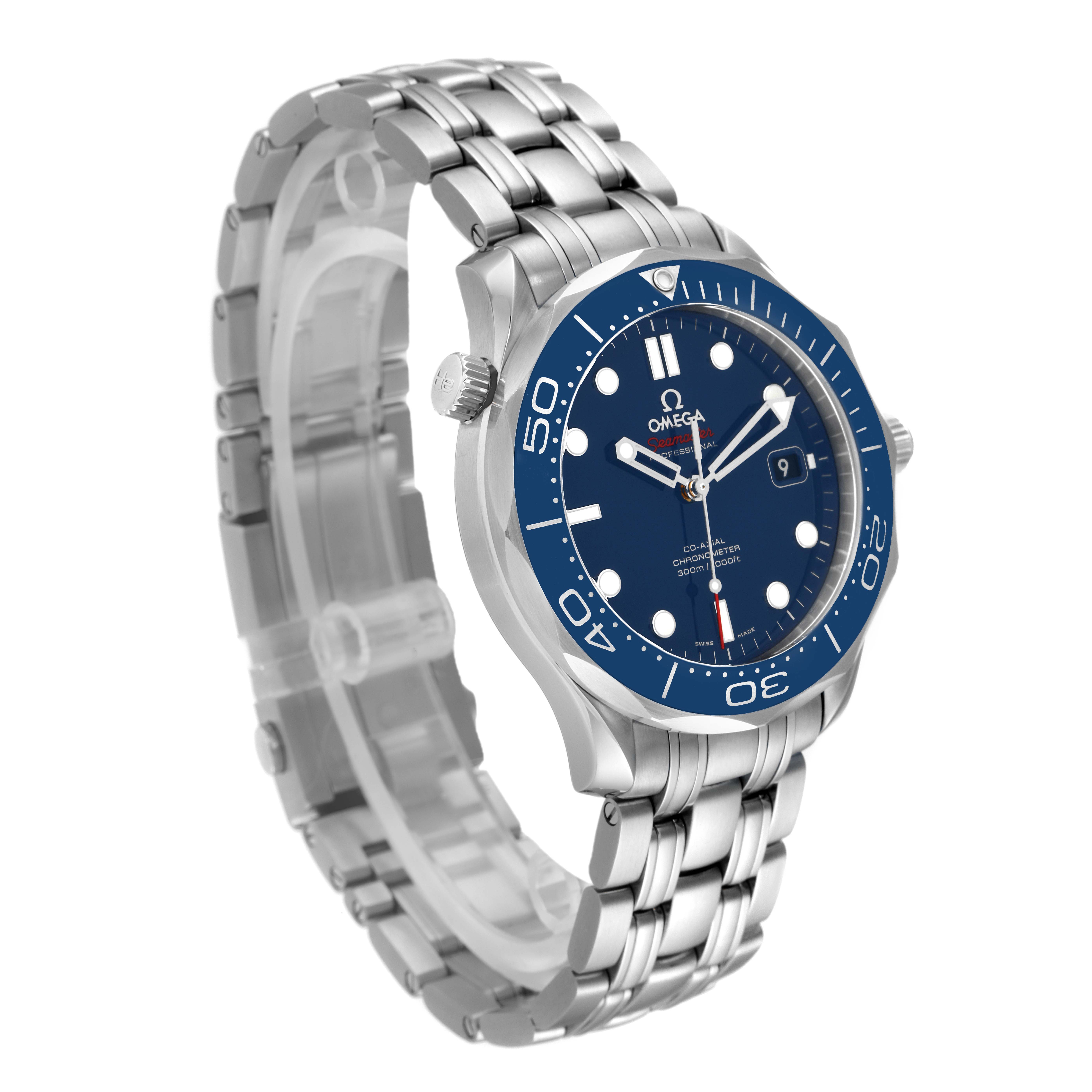 The image shows an Omega Seamaster 212.30.41.20.03.001 Men's Stainless Steel Blue Dial 212.30.41.20.03.001 Men's Stainless Steel Blue Dial watch from an angled front showing its face, bezel, and metal bracelet.