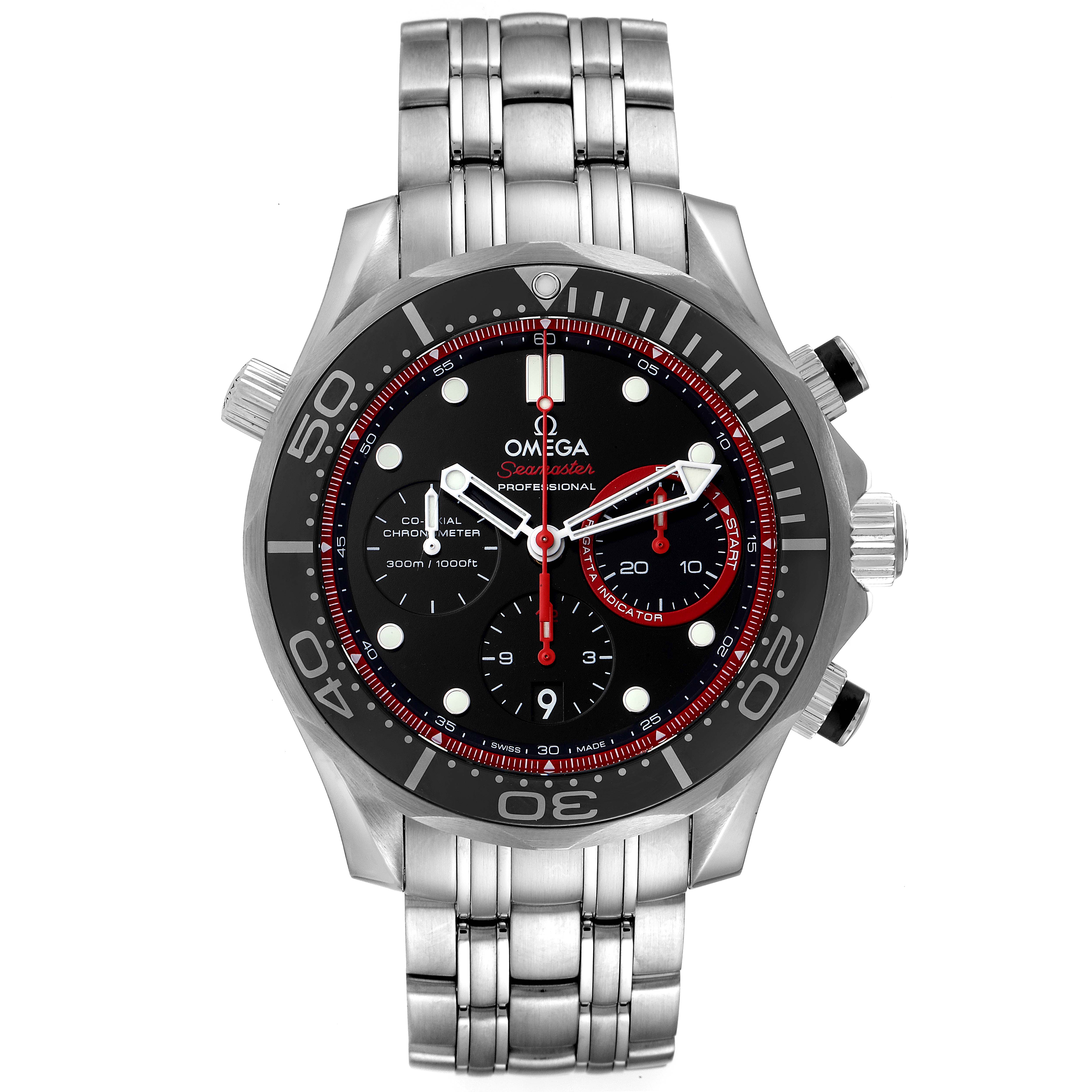 This image shows a front view of the Omega Seamaster 212.32.44.50.01.001 Men's Stainless Steel Black Dial 212.32.44.50.01.001 Men's Stainless Steel Black Dial watch highlighting the bezel, dial, subdials, and stainless steel bracelet.