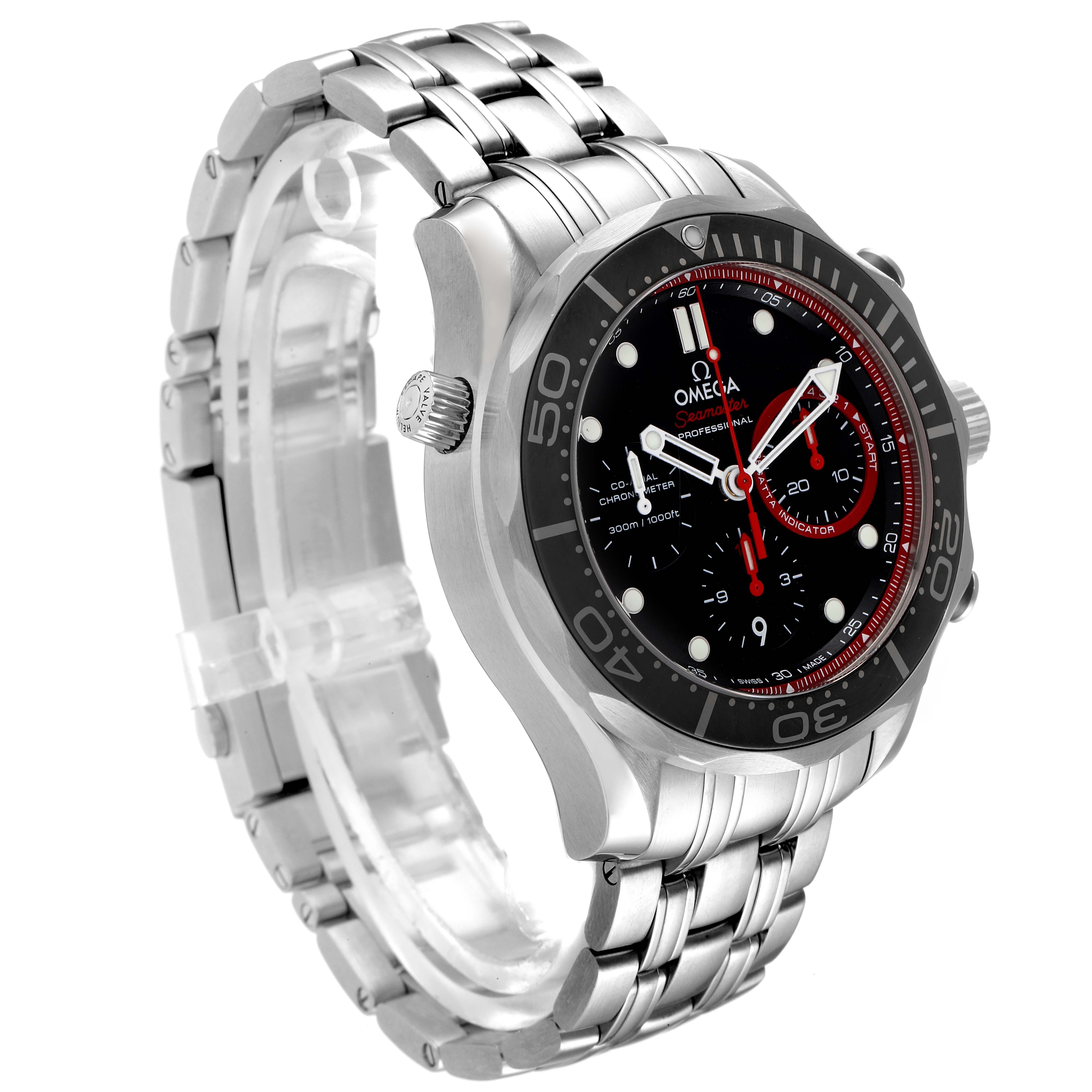 The Omega Seamaster 212.32.44.50.01.001 Men's Stainless Steel Black Dial 212.32.44.50.01.001 Men's Stainless Steel Black Dial watch is shown at an angled view displaying its face, bezel, crown, and metal bracelet.