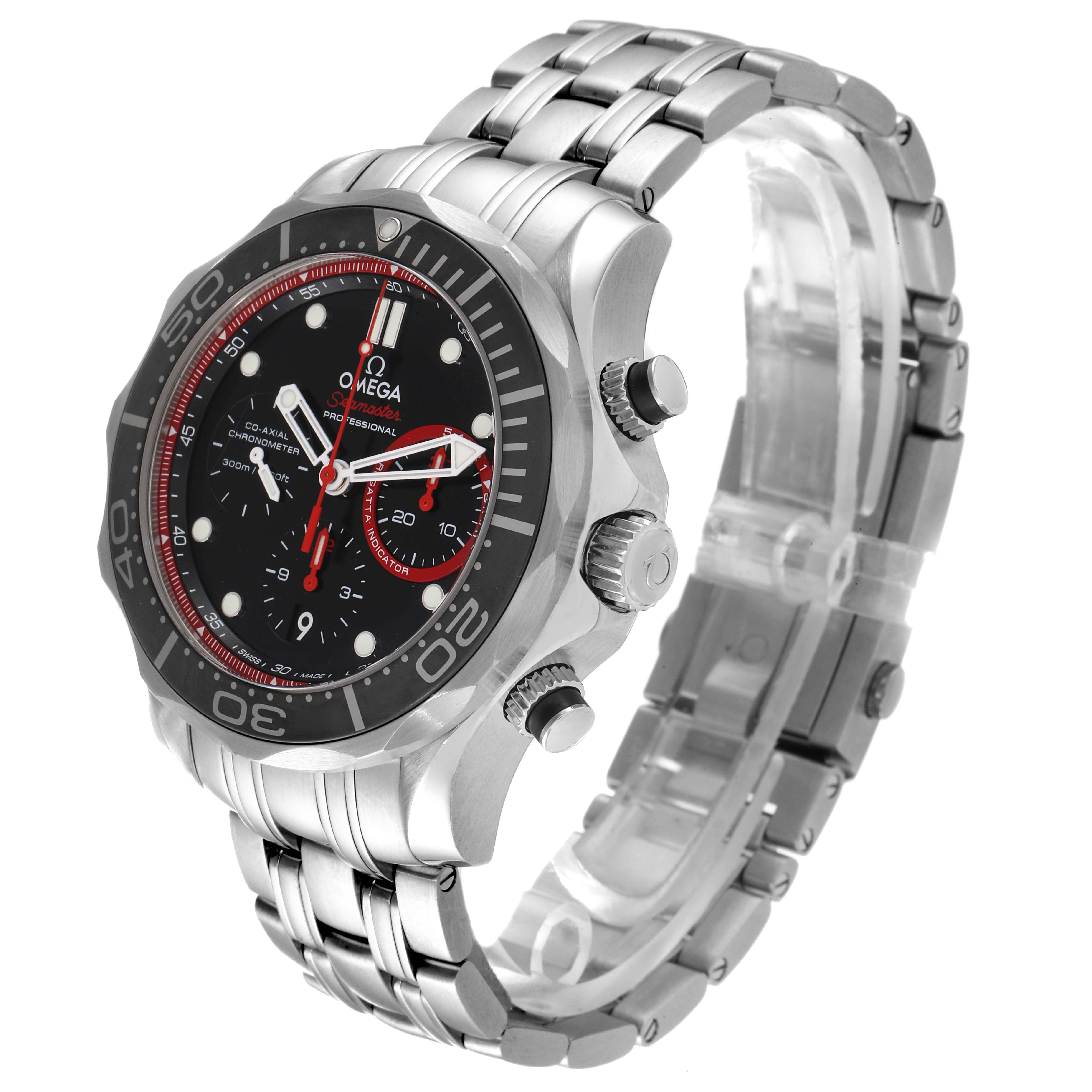 This Omega Seamaster 212.32.44.50.01.001 Men's Stainless Steel Black Dial 212.32.44.50.01.001 Men's Stainless Steel Black Dial watch is shown at a three-quarter angle, displaying its face, bezel, crown, buttons, and metal bracelet.