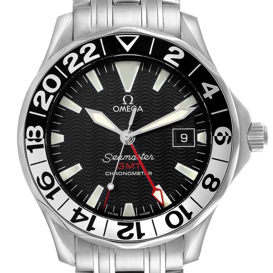 The Omega Seamaster watch is shown from the front, displaying the dial, hands, bezel, and part of the bracelet.