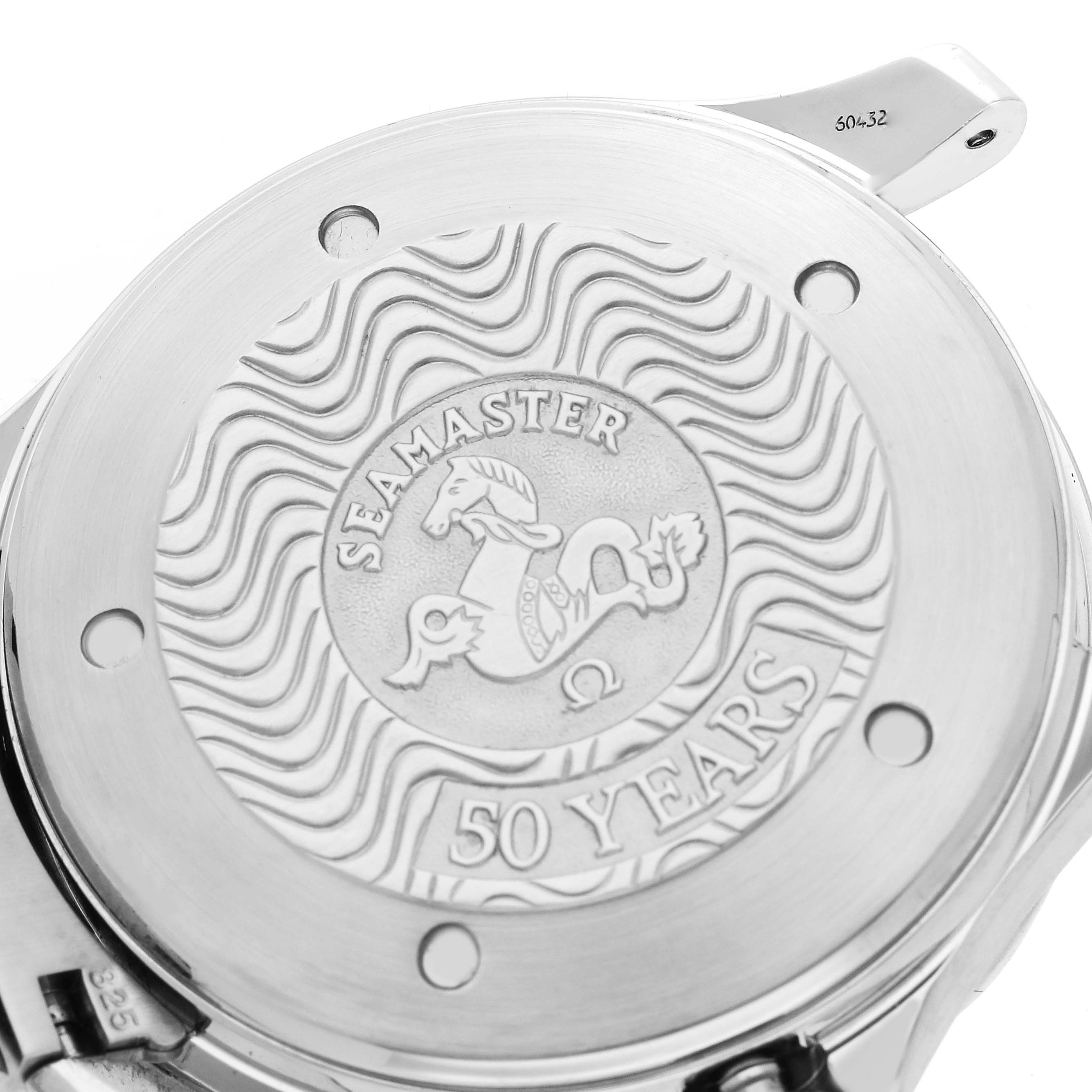 The image shows the back case of an Omega Seamaster 2534.50.00 Men's Stainless Steel Black Dial 2534.50.00 Men's Stainless Steel Black Dial watch, featuring an engraved design for the 50th anniversary edition.