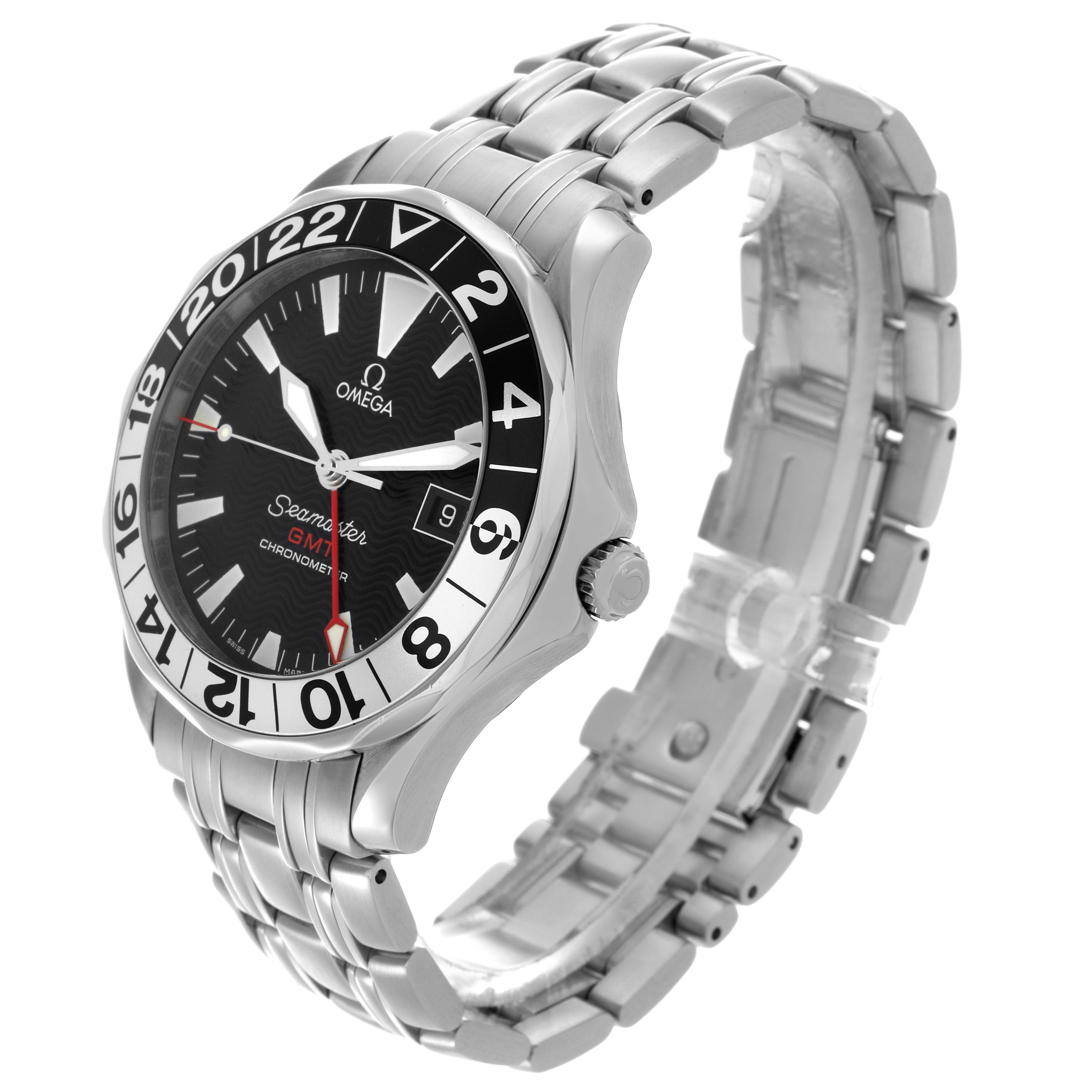 The Omega Seamaster 2534.50.00 Men's Stainless Steel Black Dial 2534.50.00 Men's Stainless Steel Black Dial watch is shown at a three-quarter view, displaying the face, bezel, crown, and steel bracelet.