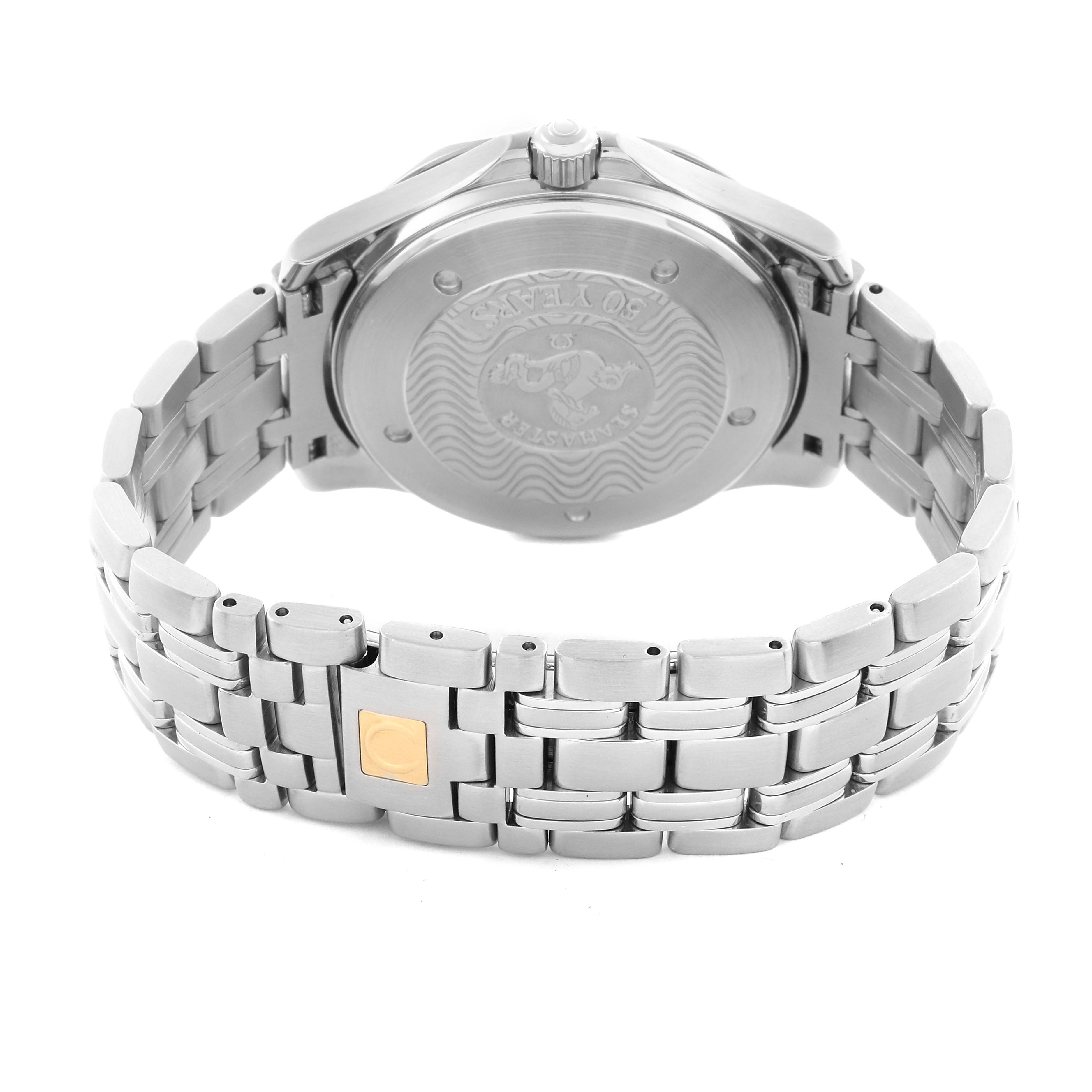 The image shows the back view of an Omega Seamaster 2534.50.00 Men's Stainless Steel Black Dial 2534.50.00 Men's Stainless Steel Black Dial, highlighting the case back and metal bracelet.