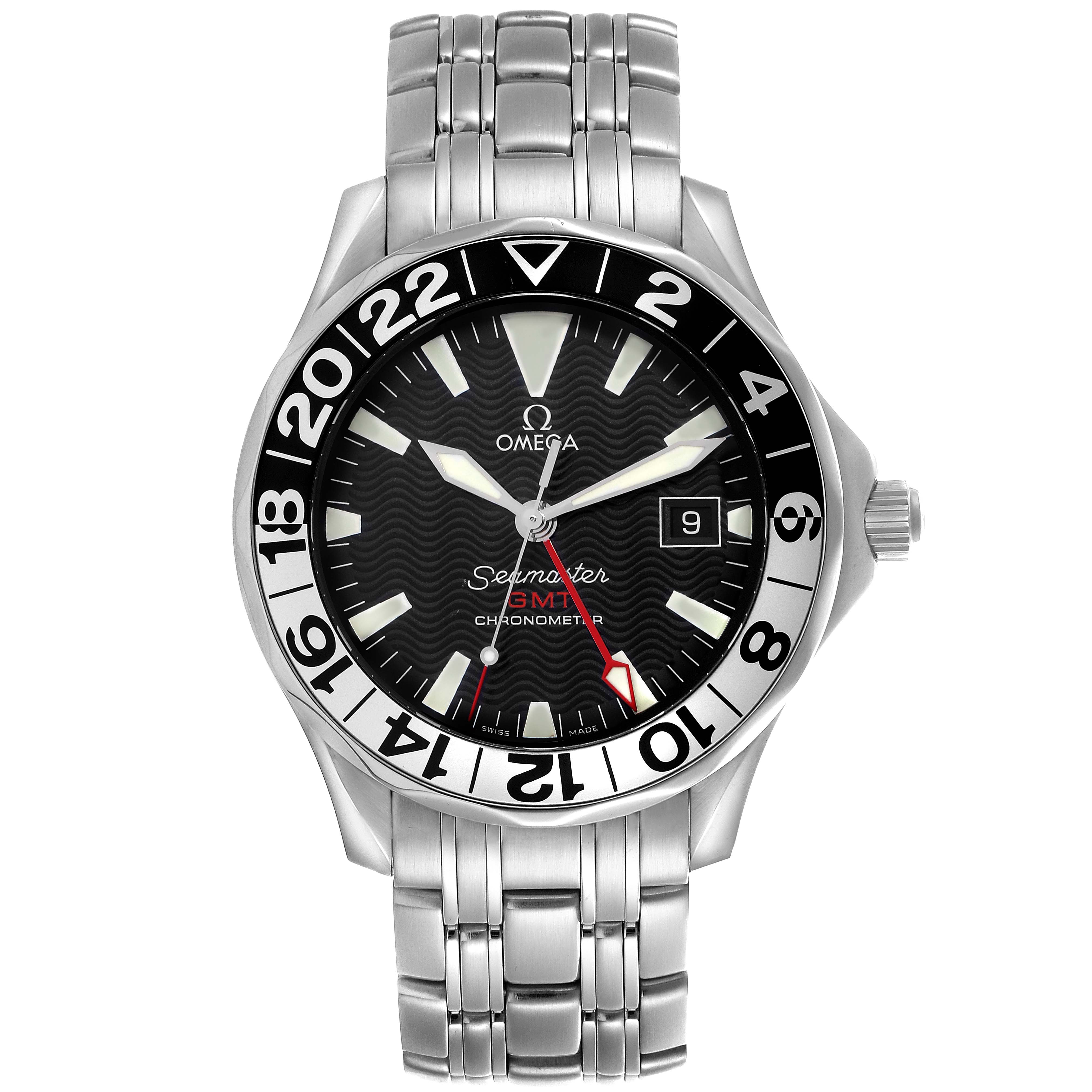 The image shows a front view of an Omega Seamaster 2534.50.00 Men's Stainless Steel Black Dial 2534.50.00 Men's Stainless Steel Black Dial watch, highlighting its dial, bezel, bracelet, and date feature.
